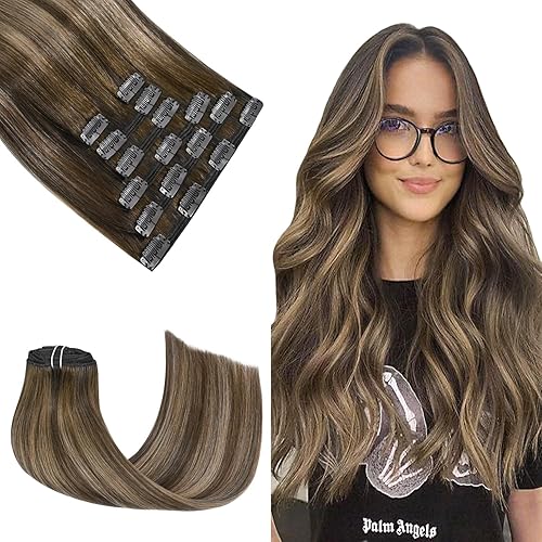 Extensiones de cabello humano con clip color marrón hongo de 14 pulgadas 423 onzas 7 unidades sin desprendimiento sin enredos cabello humano Remy