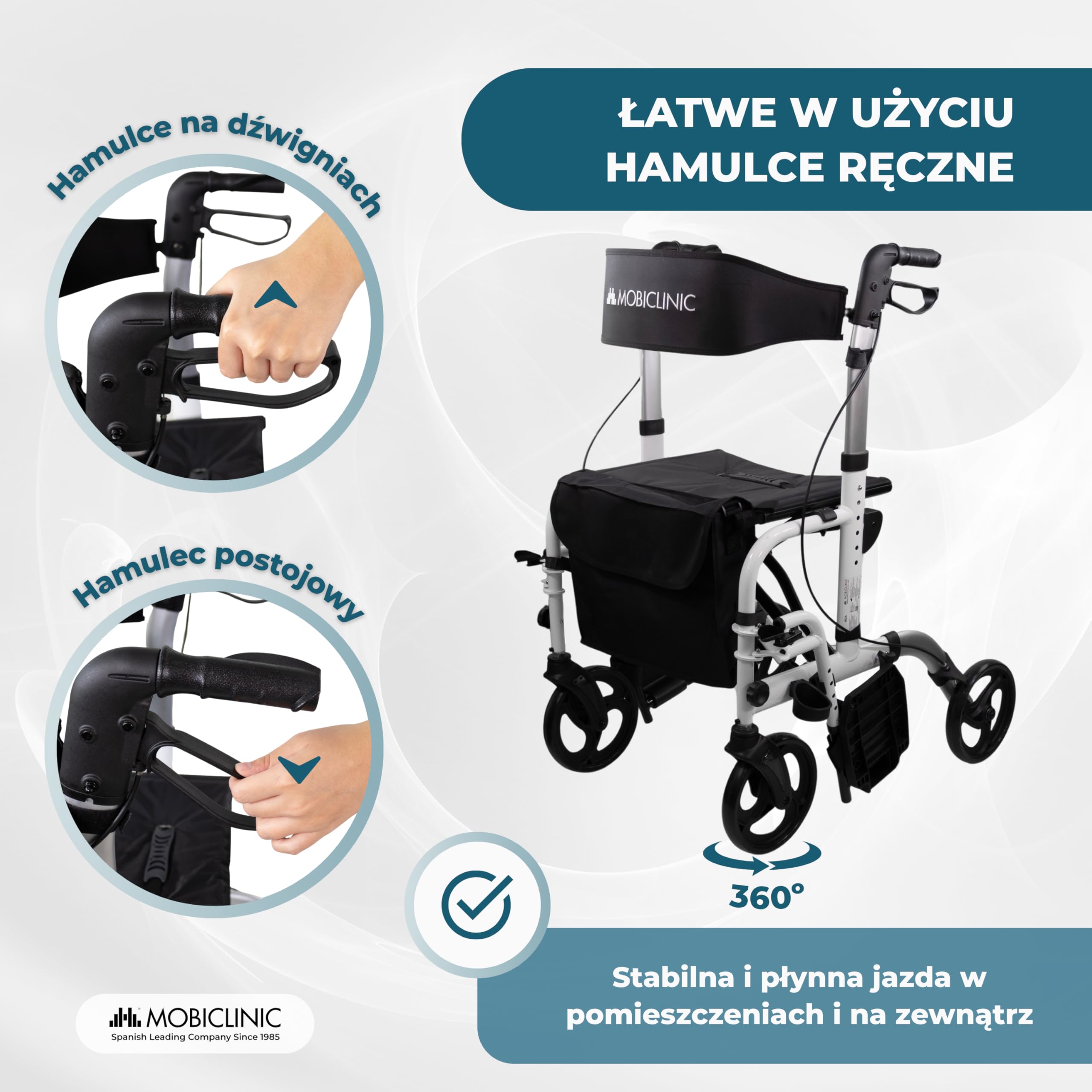 Mobiclinic®, Składany Chodzik z Podnóżkiem, Składany, Regulowana Wysokość, Maks. 136 kg, z Hamulcami, Odwracalne Oparcie, Kółka 360º, Torba, Uchwyt na Laskę, Ibiza