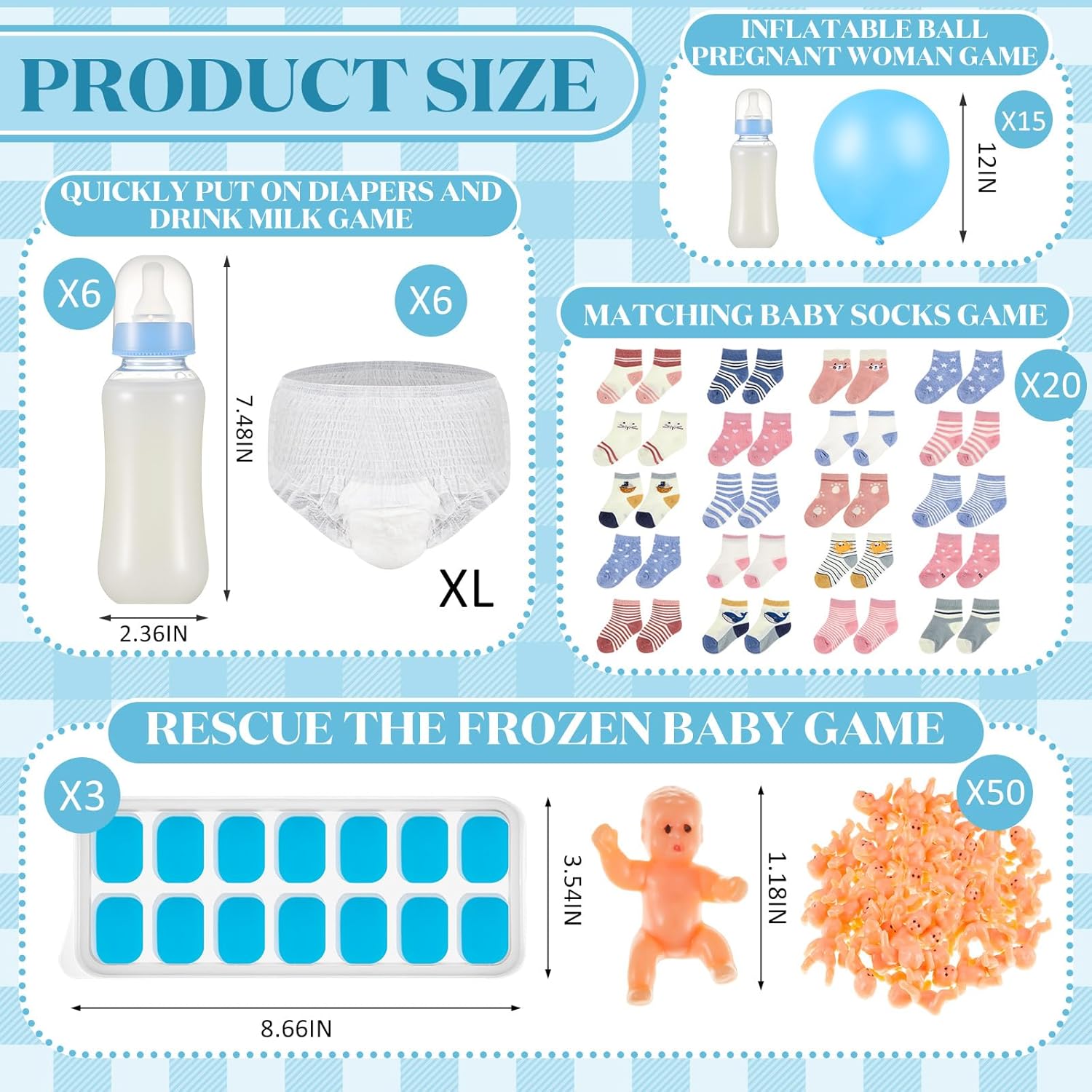 Soulchen 4 Baby Shower Games Set for 6 Guests Include Bottle Chug Baby Shower Game, Tie Your Shoe, Hunt Socks and My Water Broke Juegos Para Theme Party Activitie for Adults Gender Reveal(Lovely,Blue)