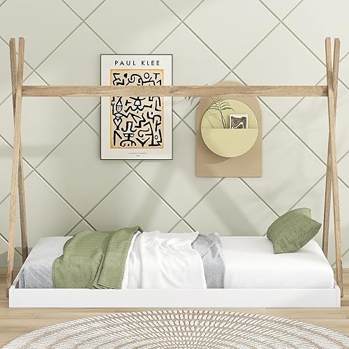 Miniatura 9 de Cama de madera con dosel de casa de tamaño individual con valla triangular, base de cama individual para dormitorio, niños, niñas, adolescentes,
