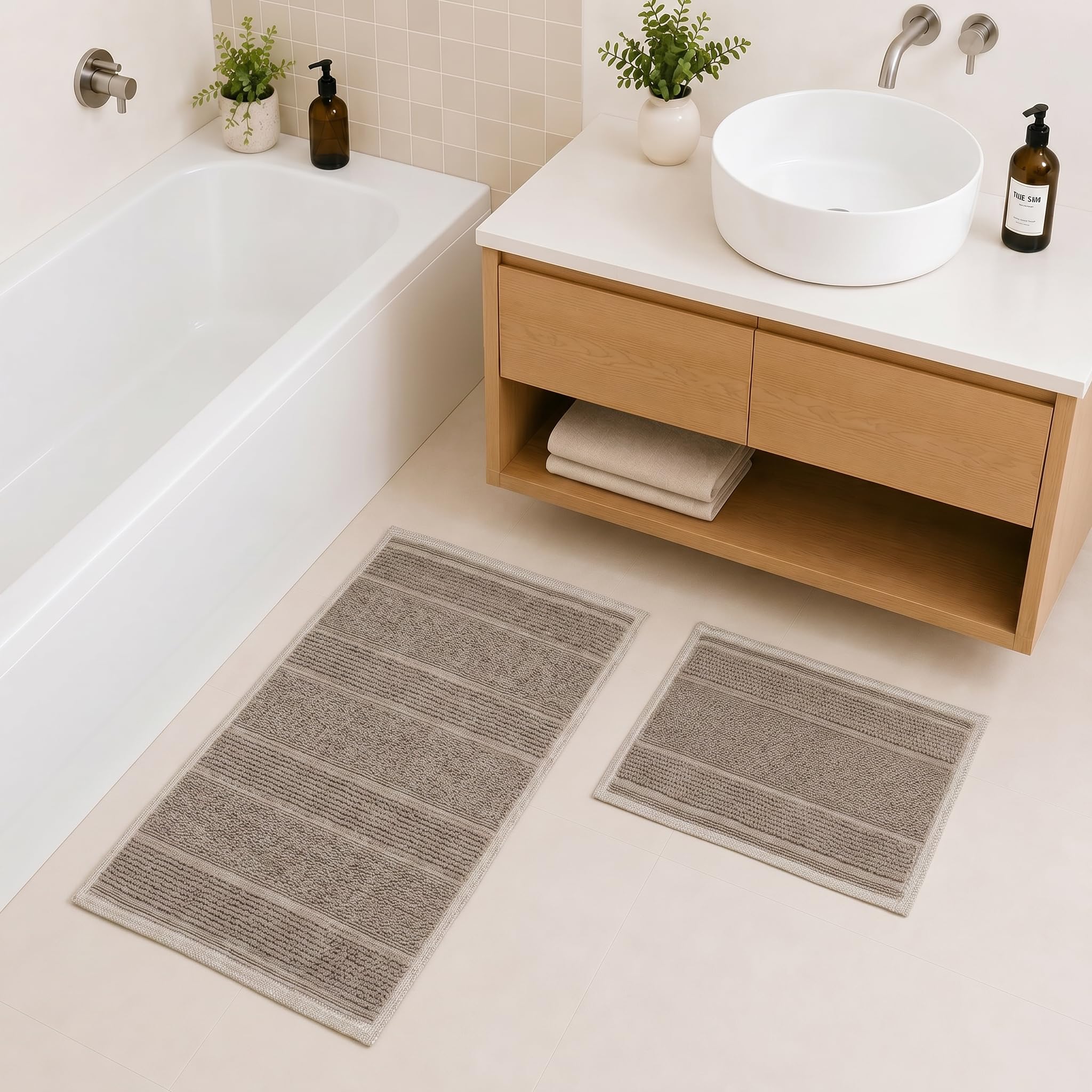 Ruglenza Bathroom Mat Set – 2 Piece Non Slip Cotton Bath Mats for Bathroom & Shower, Textured Loop Bath Rug Set, Quick Dry, Machine Washable, Easy Clean (Ecru/Beige-BK12, 50 x 120 CM)