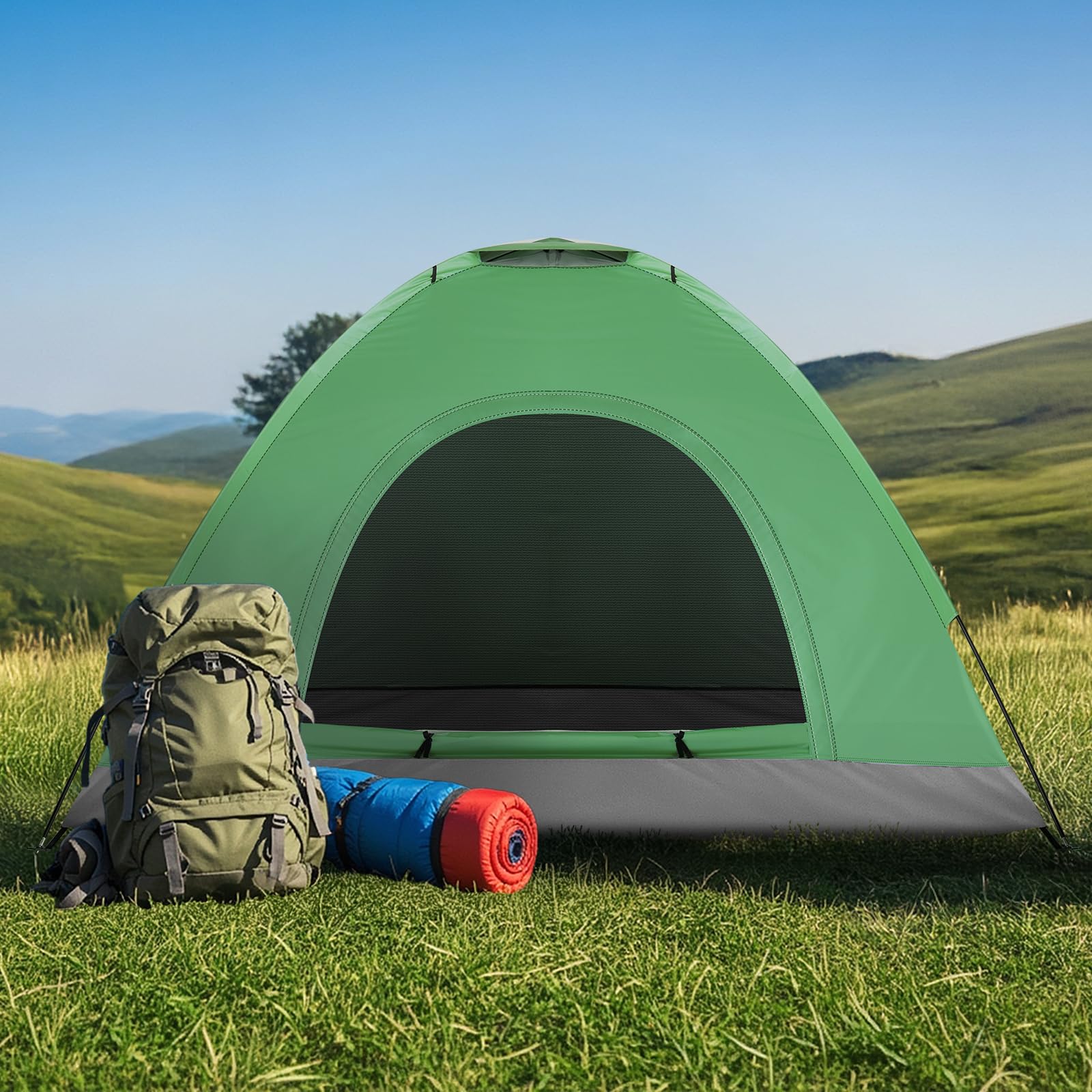 LEADZM Tente de camping portable pour 3 à 4 personnes, imperméable, coupe-vent, protection UV, structure en fibre de verre, idéale pour le camping, les pique-niques, bleu
