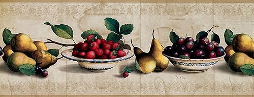 Miniatura 2 de CONCORD WALLCOVERINGS  Papel Pintado Frontera Patrón Fruta Fresas Peras Placa Para Casa De Cocina Comedor, Beige Rojo Verde, 15 pies Por 9 in RG3784B