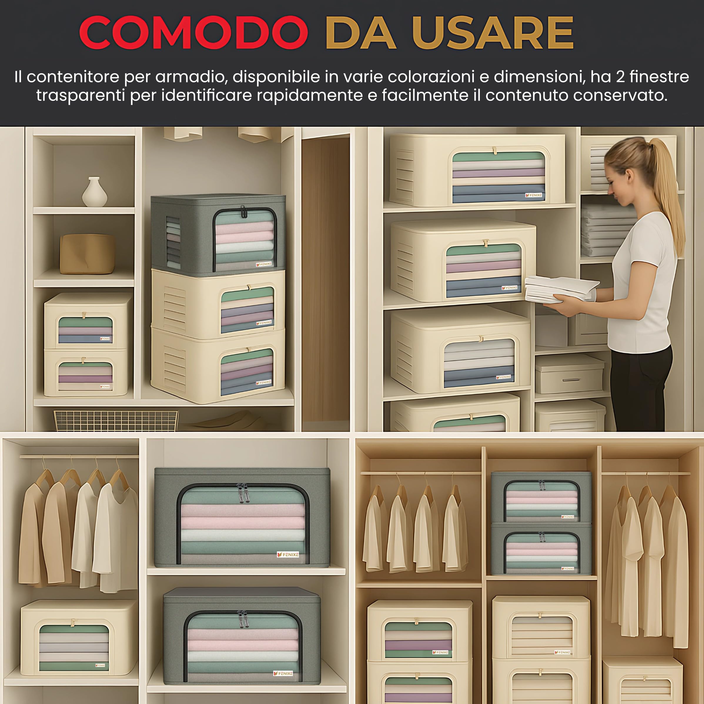 FENIXE_Contenitori Per Armadio Salvaspazio 66L, Beige - Scatole Portaoggetti Confezione da 3 - Organizer Armadio Con Finestre Trasparenti Impilabile, Pieghevole, Resistenti all’Acqua 3x66L Beige
