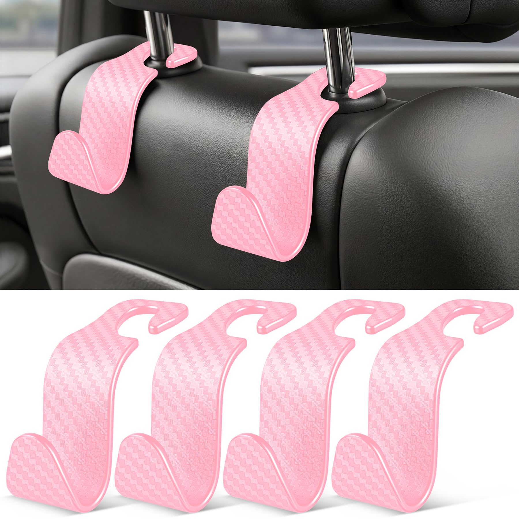 SINGARO Universal 4 Pack Car Seat Headrest Purse Hook, Carbon Fiber Back Seat Hook Storage Organizer Hanger for Purse Handbag Coat, Car Interior Accessories(Pink)