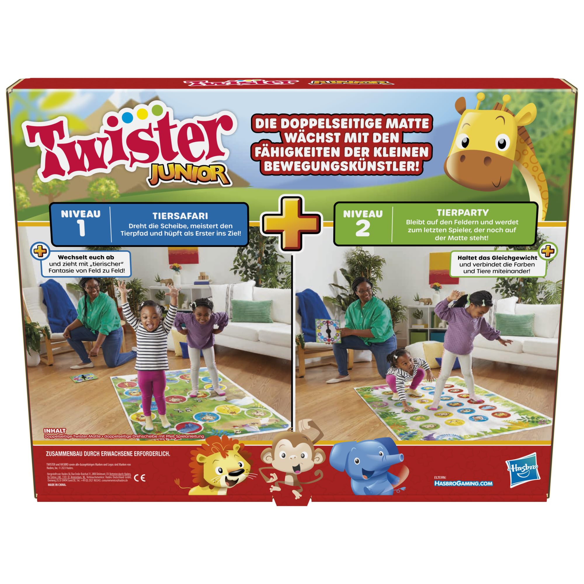 Hasbro Twister Junior Spiel, 2-in-1 Familienspiel mit doppelseitiger Spielmatte, fördert die Beweglichkeit und sorgt für Spaß, für Kinder ab 3 Jahren geeignet