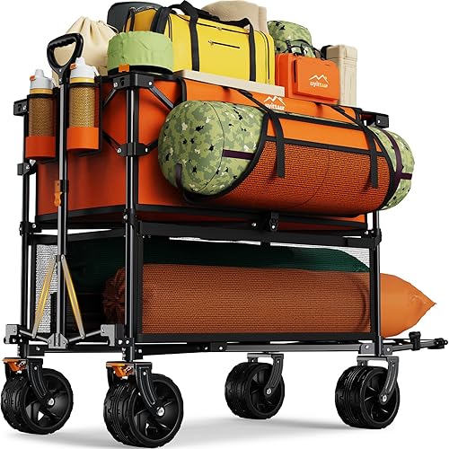Uyittour Foldable 50''L Extra Long Double Decker Wagon for Sport, 400L Collapsible Heavy Duty Wagon Cart with Big Wheels, Utility All-Terrain Large Extender Cart for Outdoors, Orange - Orange