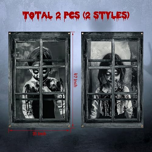 Miniatura 3 de Newwiee - 2 cortinas de Halloween aterradoras con silueta para ventana, decoración, póster temático para interiores y exteriores, fiestas, paredes y