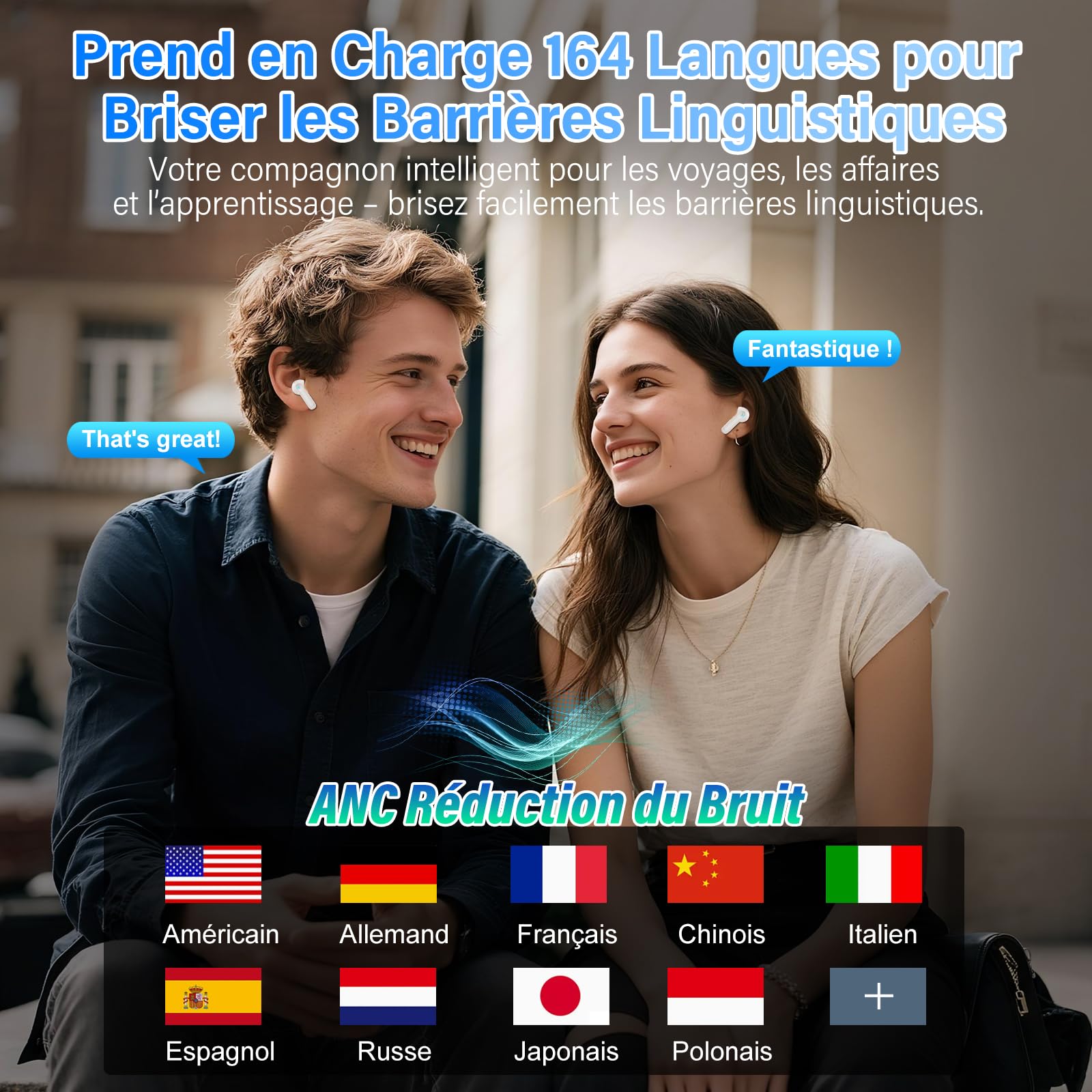 AI Écouteur Traducteur Instantané 164 Langues, ANC/ENC Réduction du Bruit