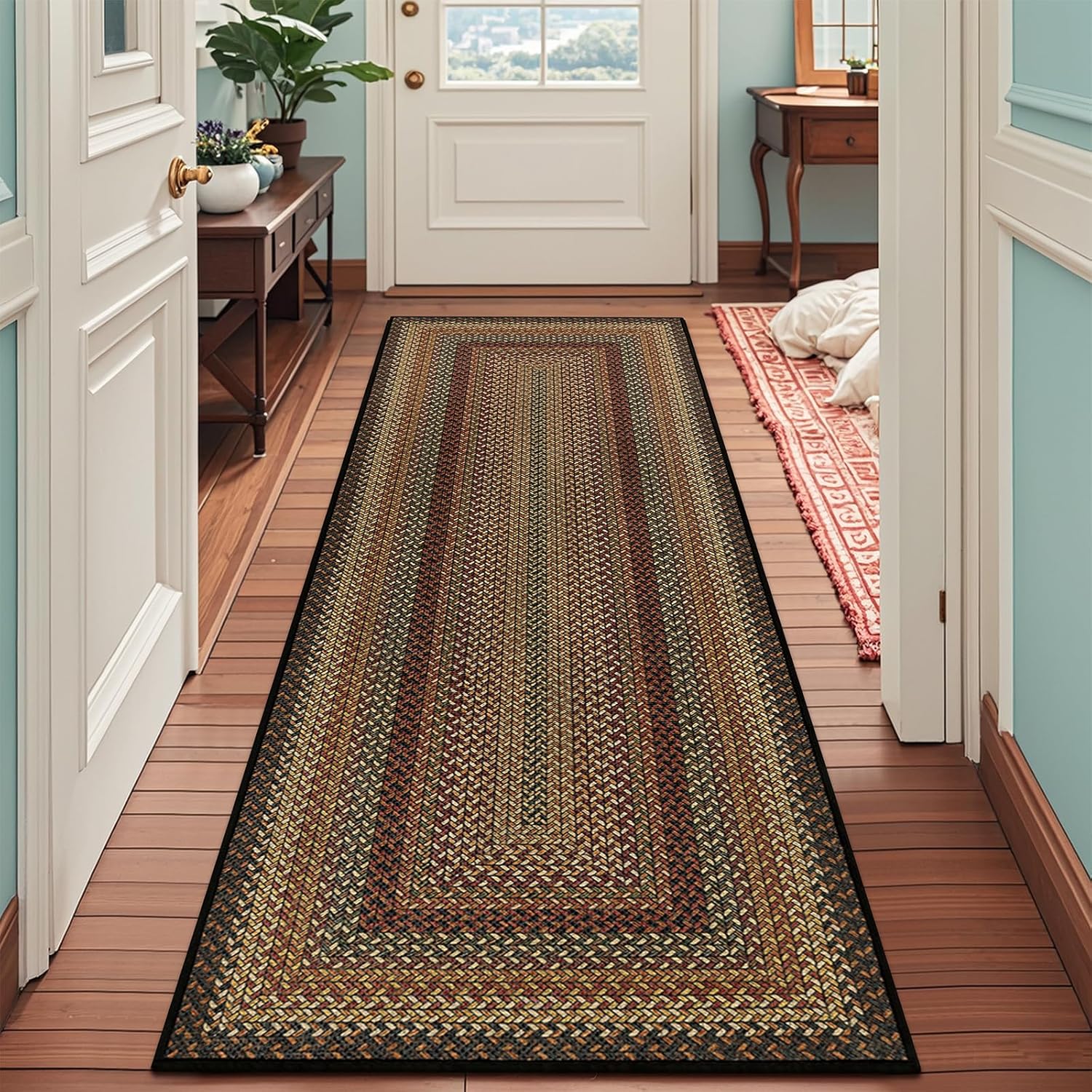 Vaukki Easy Jute Hallway Runner Rug, 2x6 Braided Kitchen Rug Non Slip, Ultra Thin Washable Low-Pile Carpet for Laundry Room, Farmhouse Modern Mat Runner for Bedroom, Entryway, Hallway, Black Brown