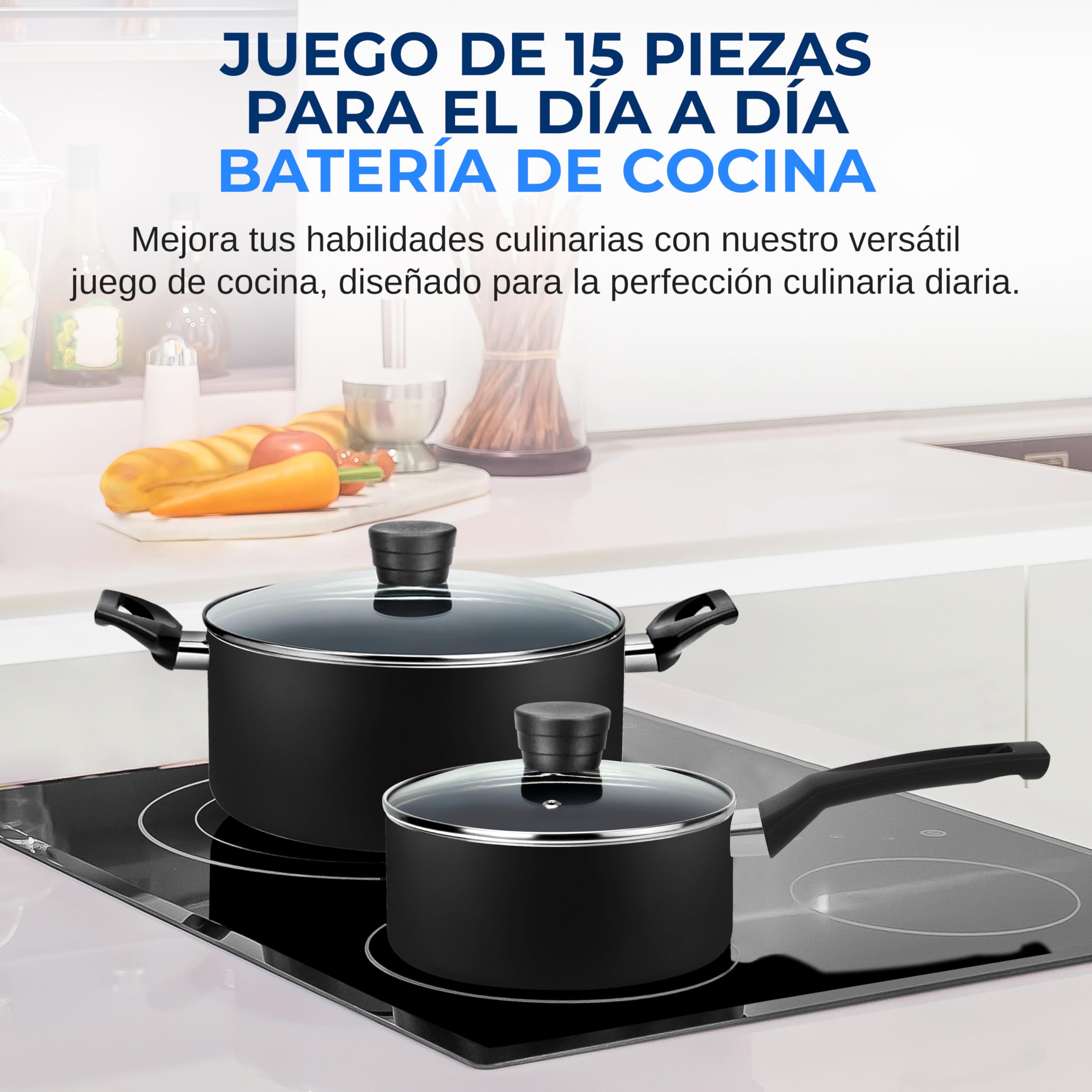 SereneLife bateria de cocina, Antiadherentes, 15 piezas, Resistentes al calor, Sartenes y ollas con tapas, Incluye utensilios