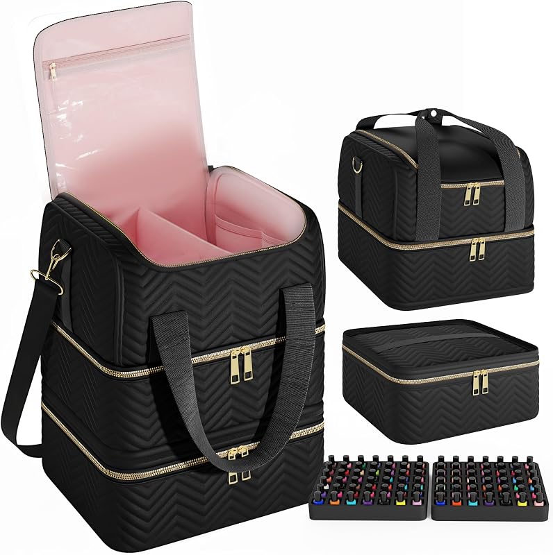 Estojo organizador Castal para esmaltes, 3 compartimentos, preto, com alça para bagagem e porta-cartão