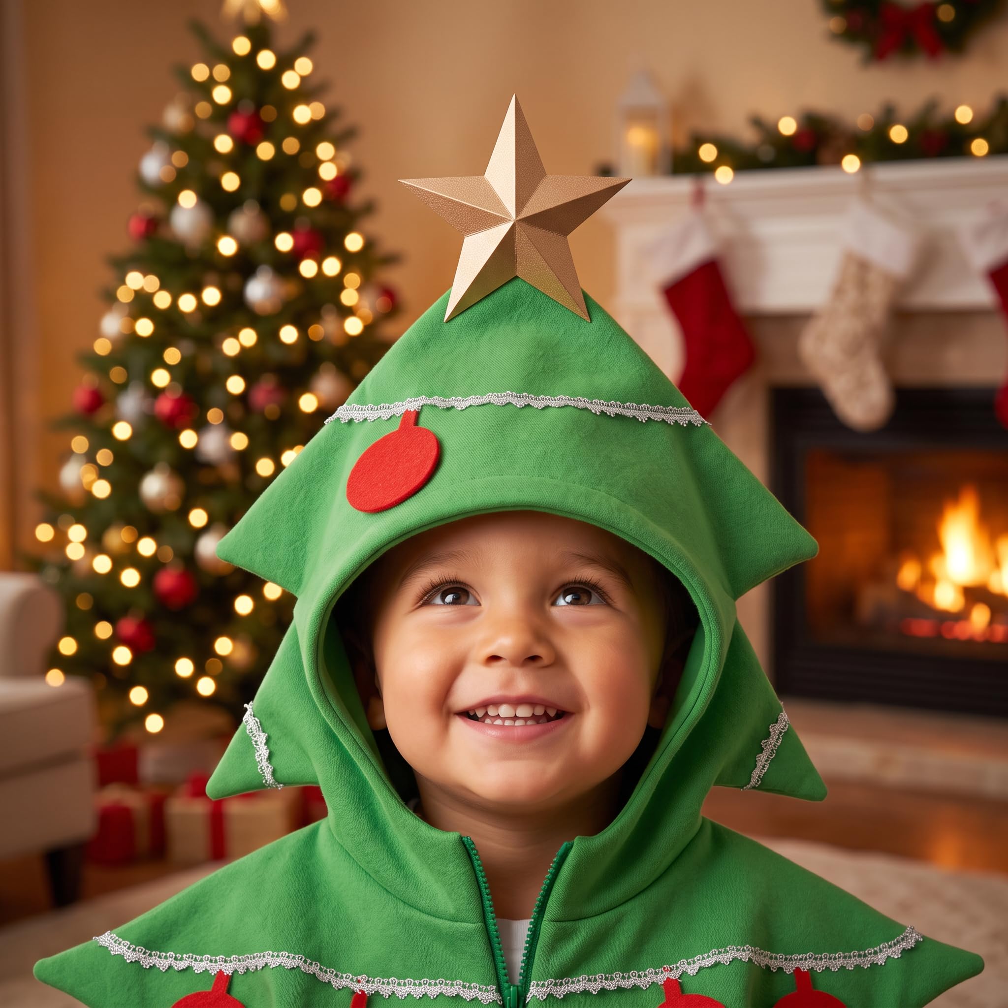 Costume da albero di Natale, costume cosplay per bambini con cappuccio a stella verde S