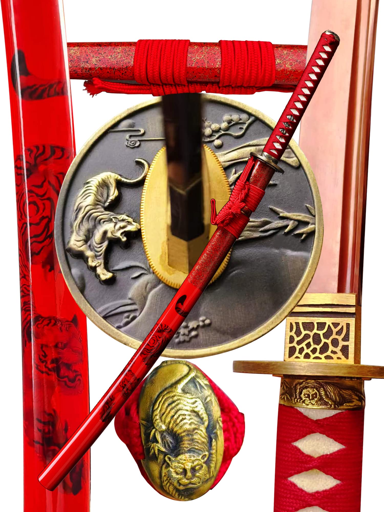 Full view of the CHENGYING Red Tiger Red Blade Katana Sword