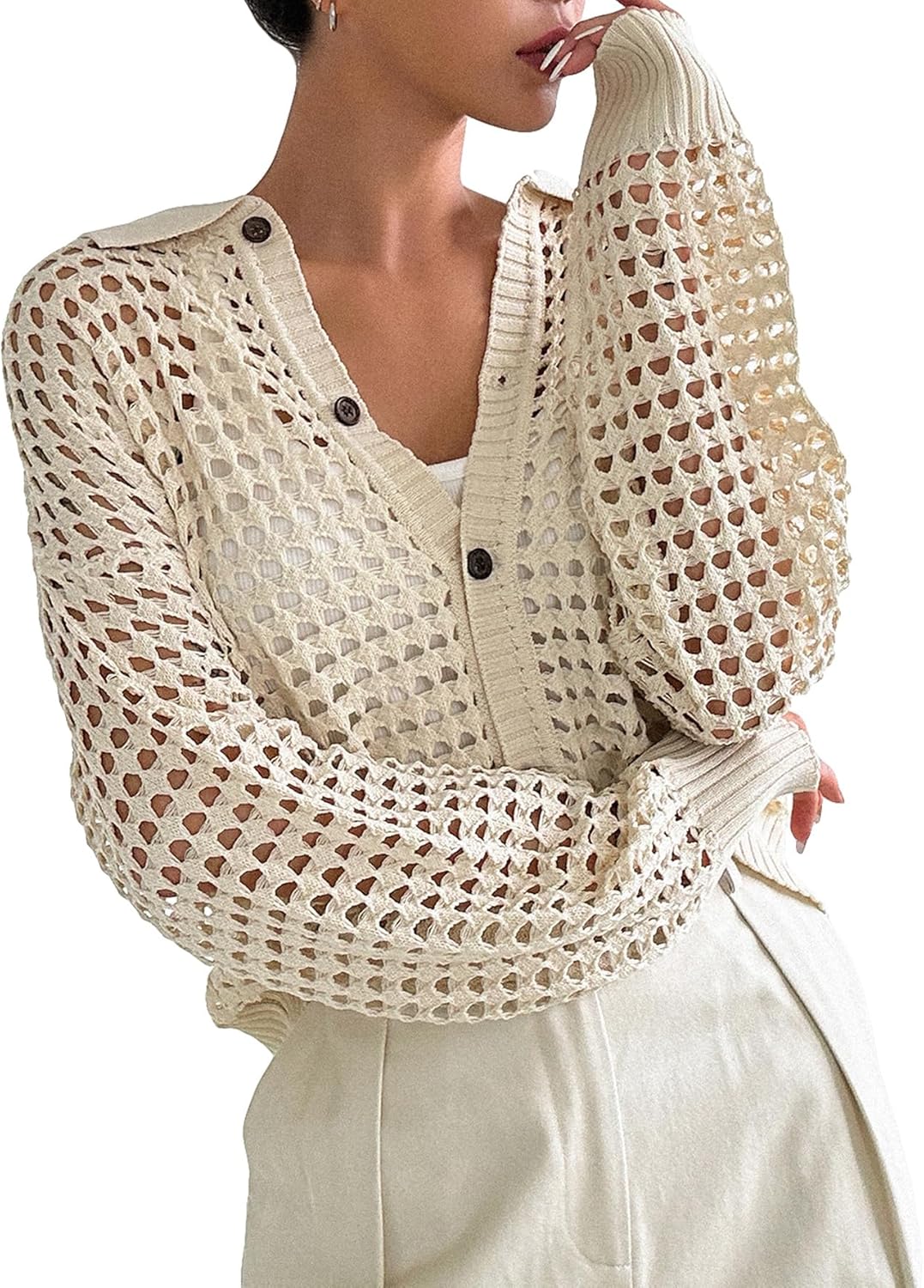 QWINEE Women's Crochet Cardigan Sweater Lightweight Cardigan Hollow Out Sweater Long Sleeve Button Down Knit Top - Image 6