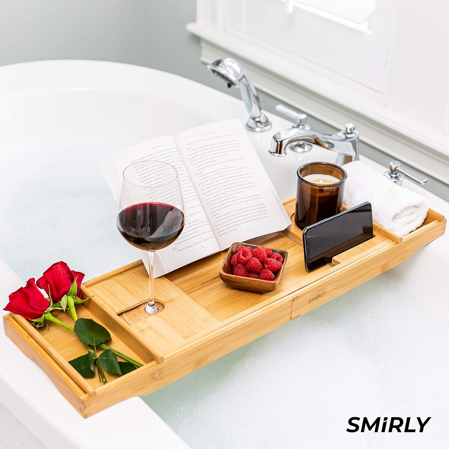 SMIRLY Bamboo Bathtub Tray Expandable: Bamboo Bath Tray for Tub with Book Stand, Bamboo Bathtub Caddy Tray for Luxury Bath, Bamboo Bath Caddy Tray for Tub, Bath Tub Table Caddy, Bath Tub Tray for Bath : Home & Kitchen