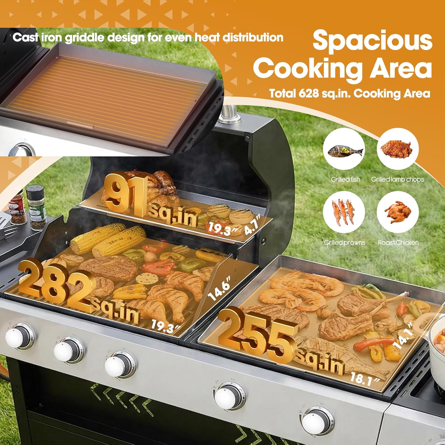 6-Burner Propane Gas Griddle Grill Combo with Side Burner, 3-in-1 Flat Top Portable Outdoor BBQ Grill w/Porcelain-Enameled Cast Iron Grates & Pan, Storage, Wheels for Patio, Backyard, Camping