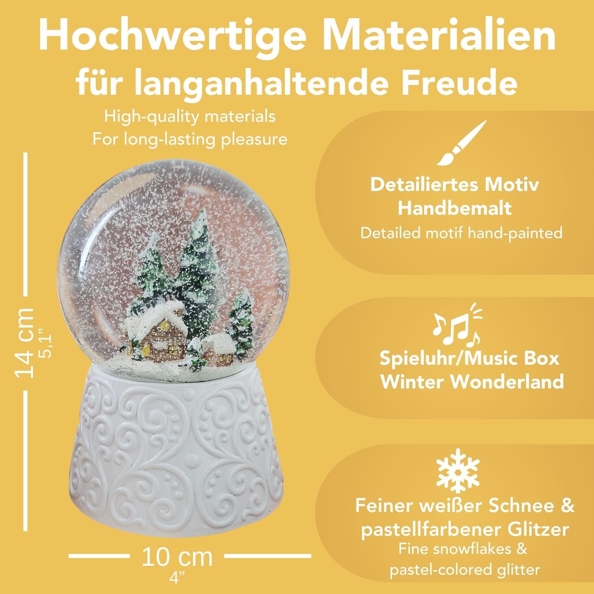 Schneekugel Spieluhr Weihnachten | Hüttenzauber Winterhütte Berghütte | Sockel weiß Nostalgie | Höhe: 140mm, Durchmesser 100mm | Schüttelkugel Weihnachtsdekoration | 20326