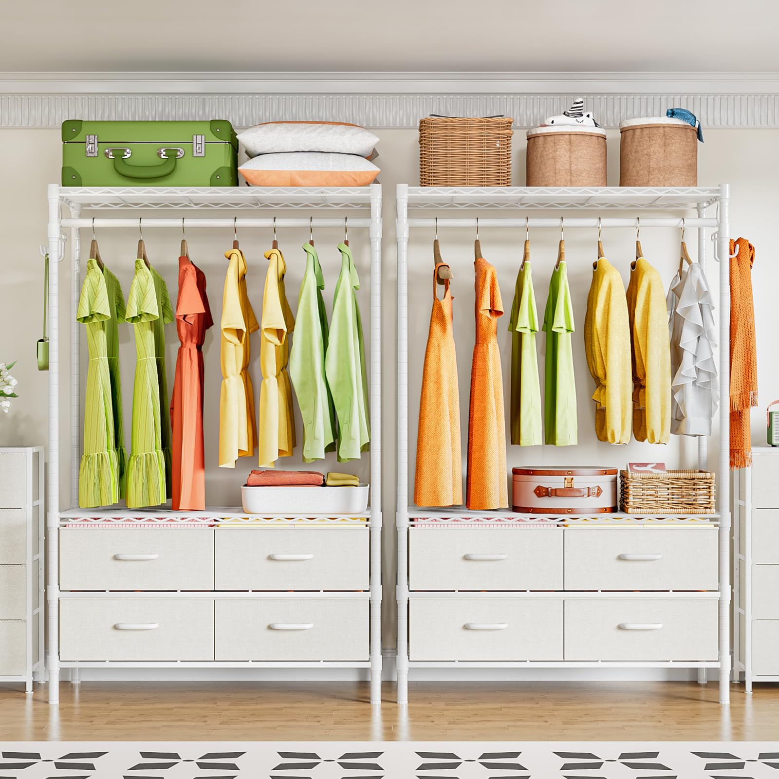 Armario de Ropa de Metal con 4 Cajones y Estantes Ajustables | Blanco, 90 × 40 × 180 cm, Burro de ropa para dormitorio o vestidor