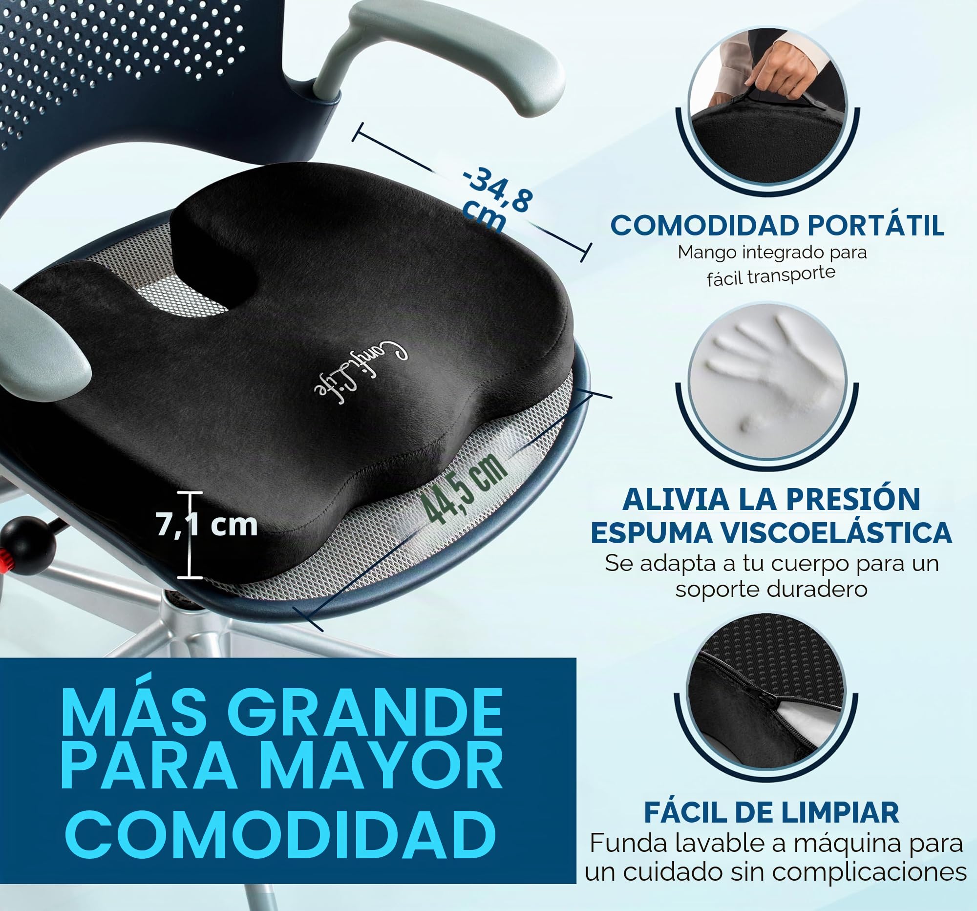 ComfiLife - Cojín de gel mejorado para asiento, antideslizante ortopédico de gel y espuma viscoelástica, cojín para dolor de coxis, alivio del dolor de espalda y ciática