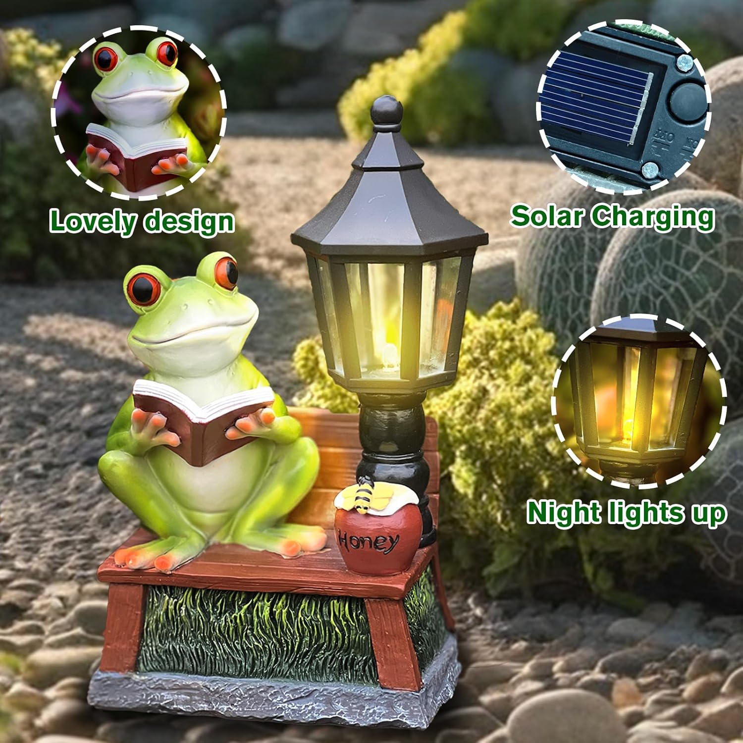 Frog Garden Statue Home Outdoor Decor - Solar Frogs Learning Sculptures Auto LED Waterproof Lights, Garden Outside Figurine Ornament, Women/Gardening/Housewarming Gift for Yard/Pond - Image 4