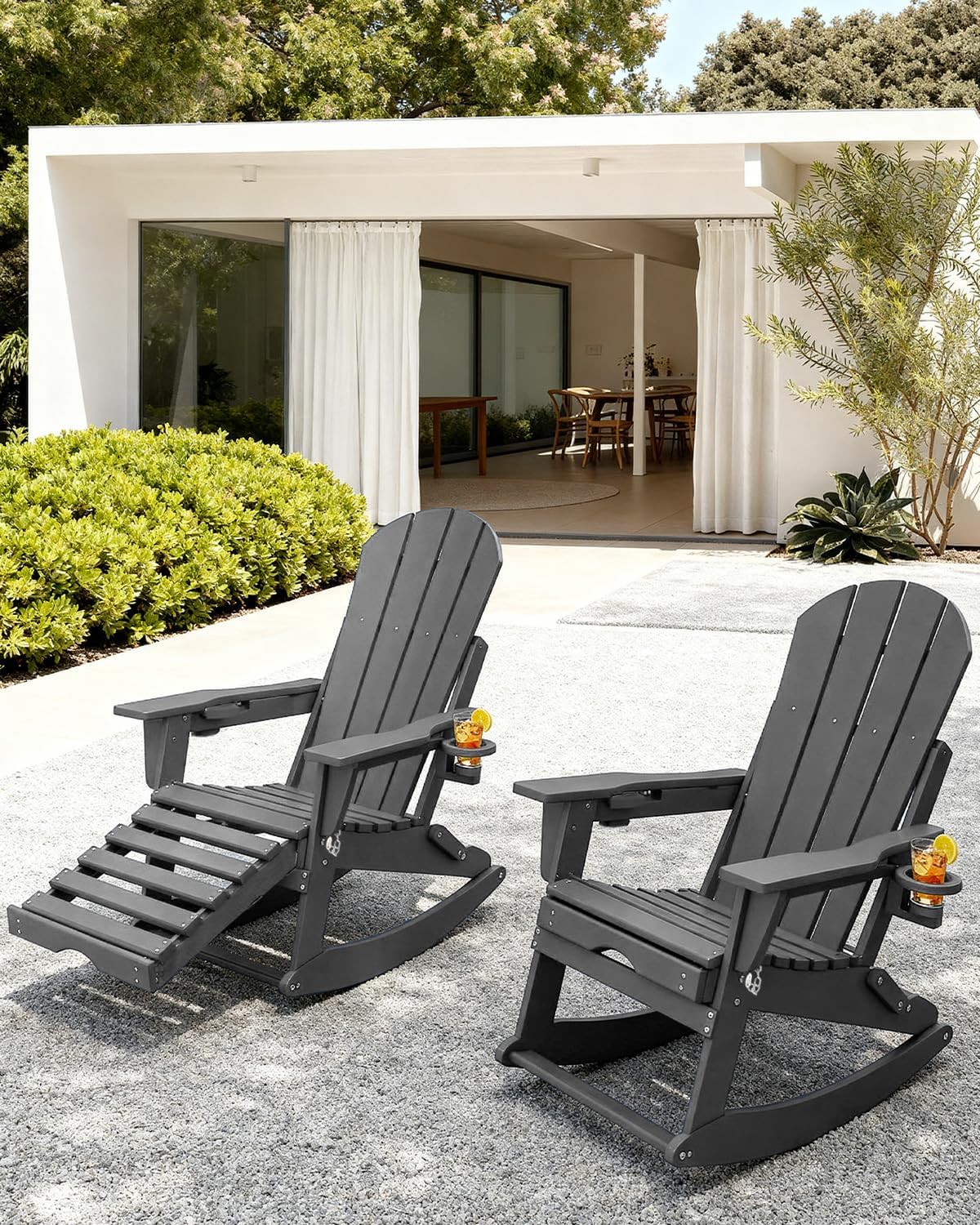 NAVINE Adirondack Rocking Chairs Set of 2 with Retractable Ottoman, All Weather Folding Adirondack Chair with Two Cup Holders, Adirondack Outdoor Rocking Chairs for Porch, Patio, Balcony. Grey
