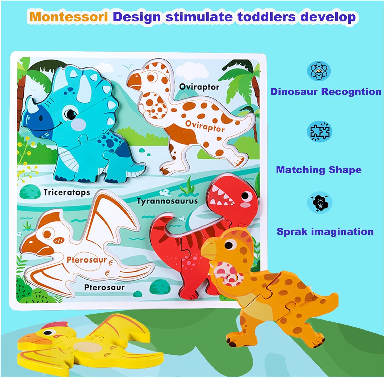 Wooden Educational Jumbo Base Jigsaw Puzzle 1-3 Montessori Dinosaur Toys for 2 3 Years Old Boy Girls Kids,Toddler Toys Ages 2-4,Preschool Wood Dino Learning Gifts for Boys