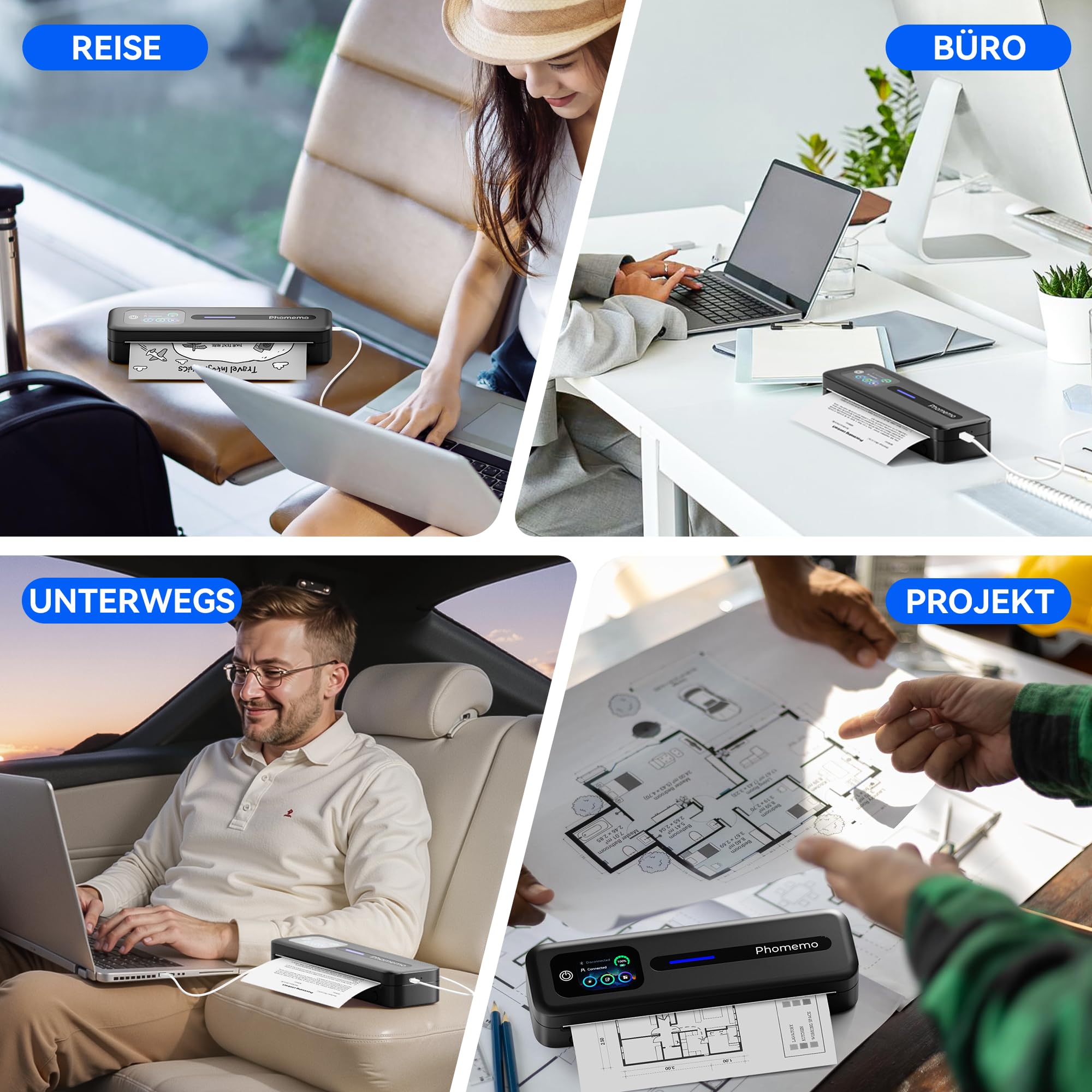 Phomemo M832D Thermodrucker A4, Touchscreen Mobiler Drucker für Zuhause, 300 DPI Thermodrucker Kompatibel mit Android & iOS, Handy & Laptop,Tragbarer Drucker mit Tragetasche und 3 Rollen Thermopapier