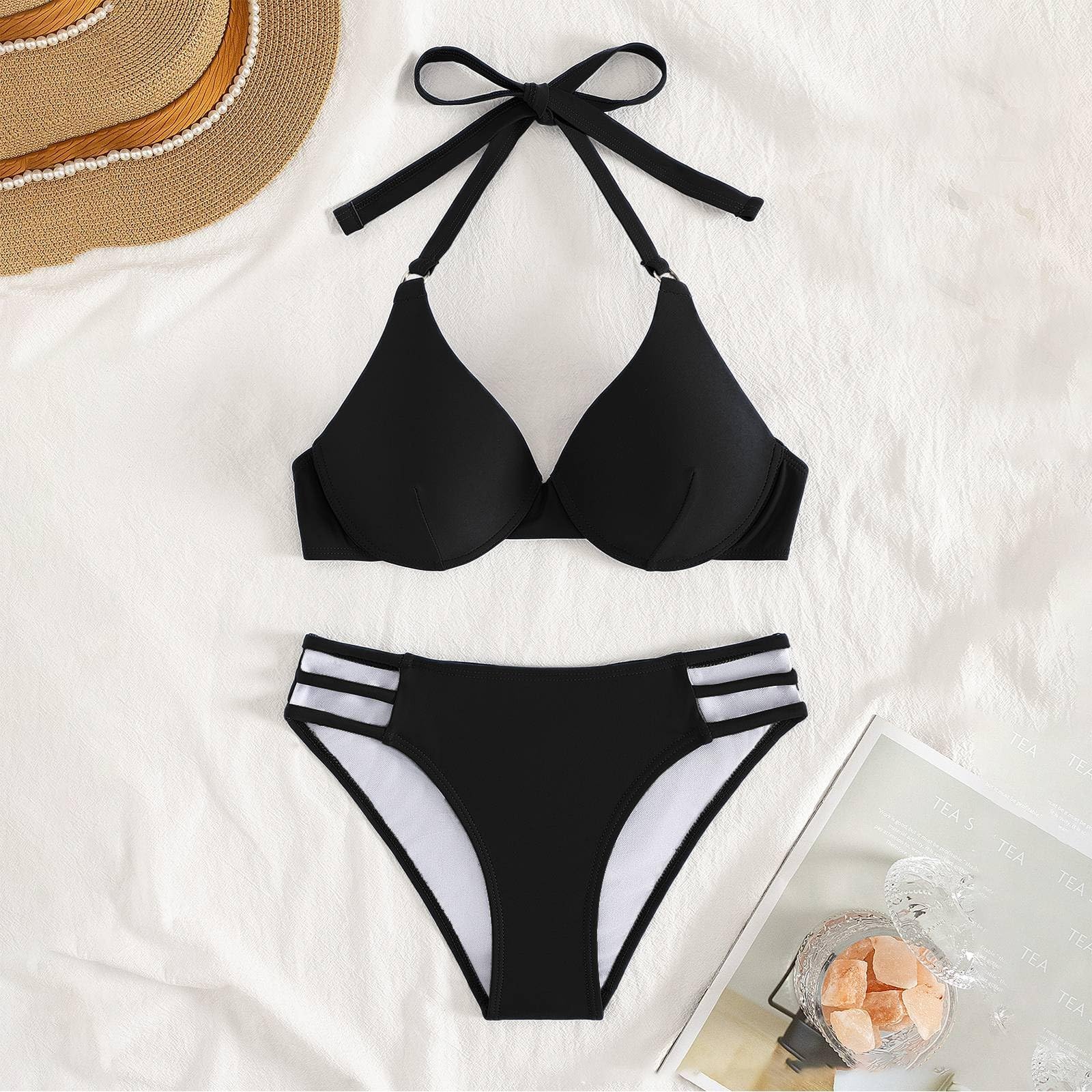 Maillot de Bain Deux Pièces pour Femme, Sexy Réglable Triangle Bikini Taille Basse Maillots Deux Pièces Vacances Plage Beachwear Col V Élégant Rembourré Swimwear