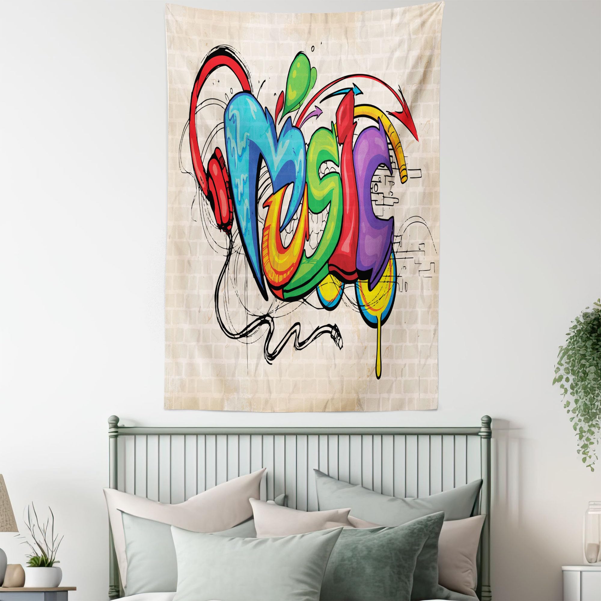 Ambesonne Music Tapestry Twin Size, Illustration of Graffiti Style Lettering Headphones Hip Hop Theme on Beige Bricks, Wall Hanging Bedspread Bed Cover Wall Decor, Twin Size, Multicolor 4