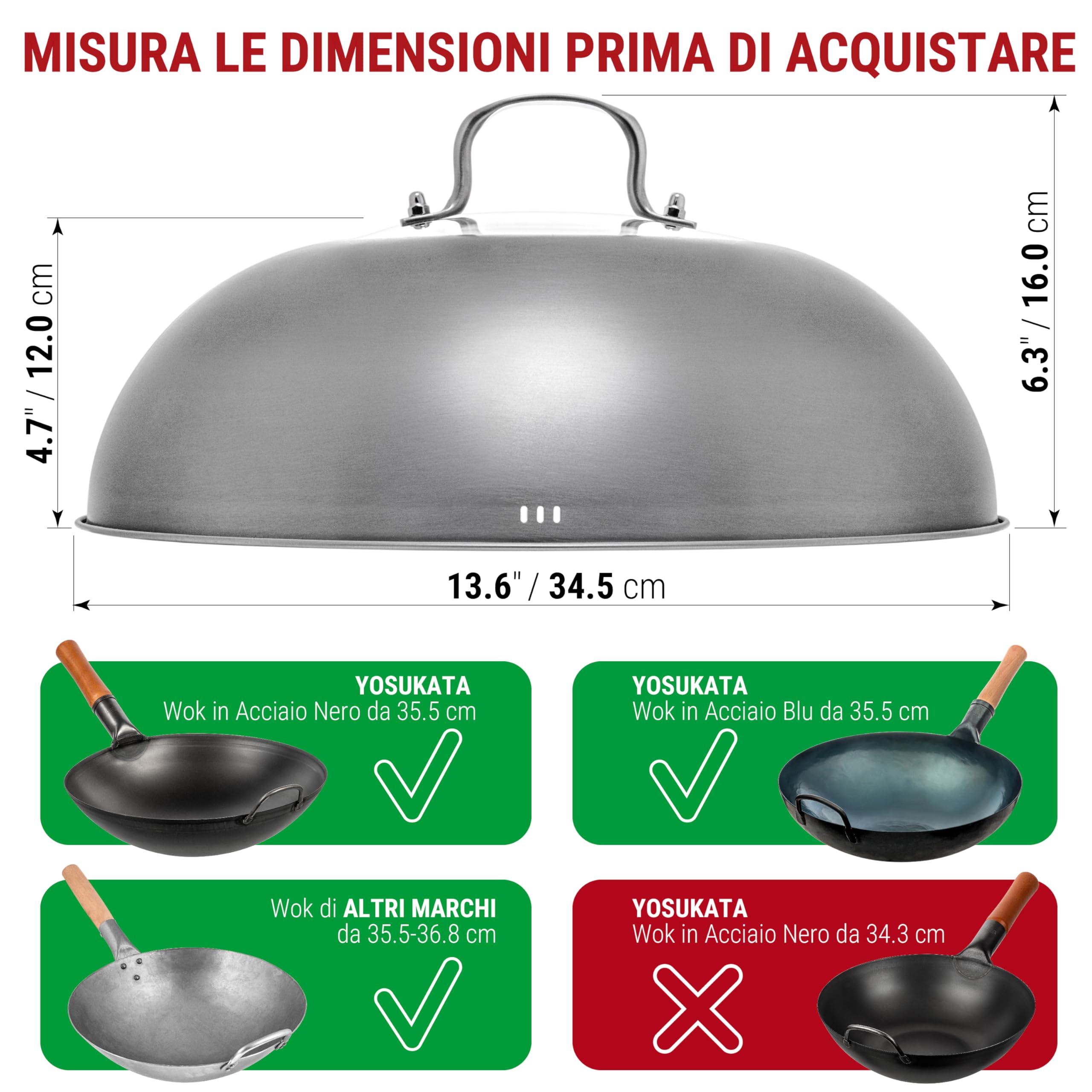 YOSUKATA Coperchio Wok 34,5 cm - Coperchio Universale Acciaio Inox con Vetro Temperato e Fori per Vapore per Wok 36 cm - Lavastoviglie - Dome per Fusione Formaggio e Griglia - Cloche per Hamburger