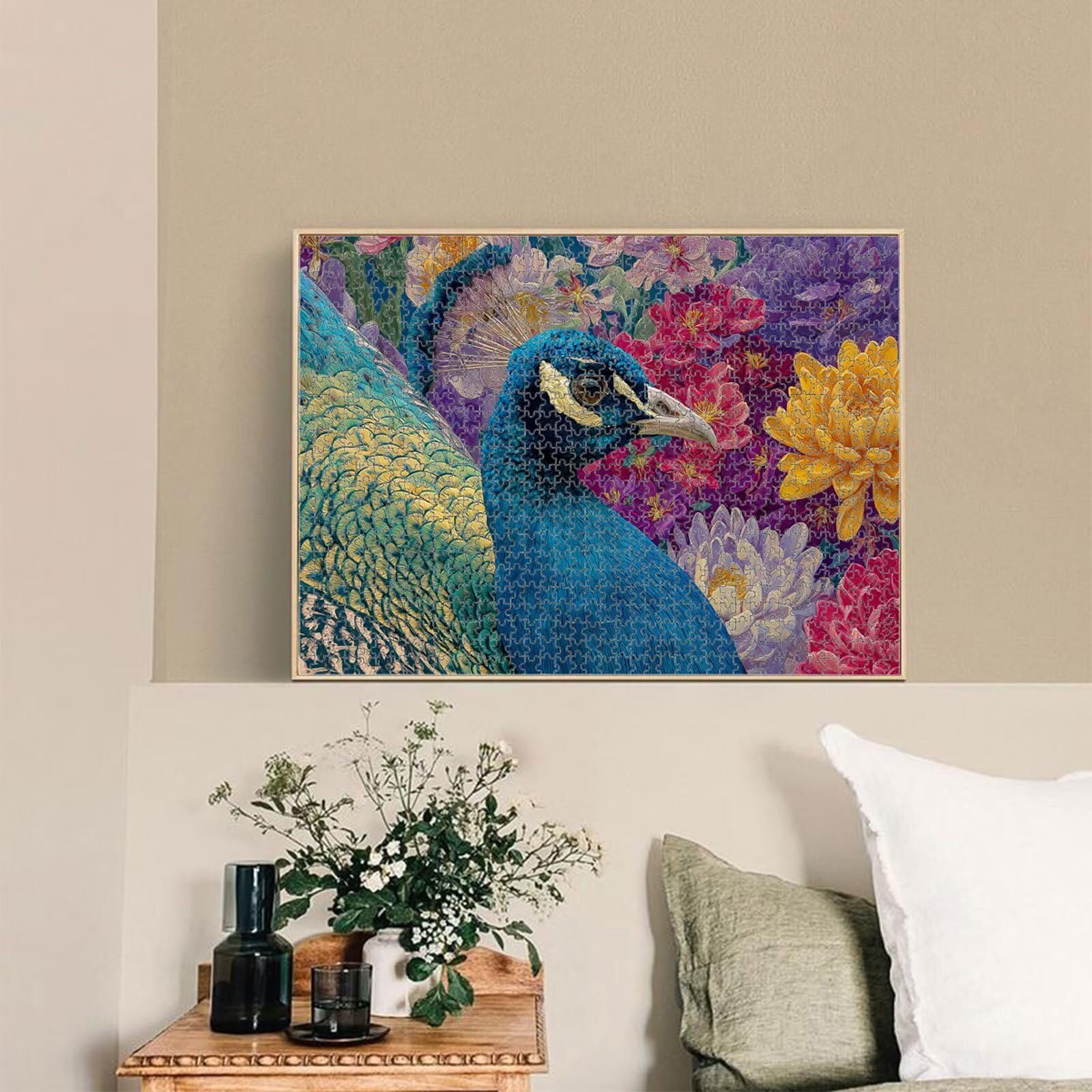 1000 Teile Puzzle für Erwachsene, Pfau & Blume, Robustes Holz Puzzle 1T#62