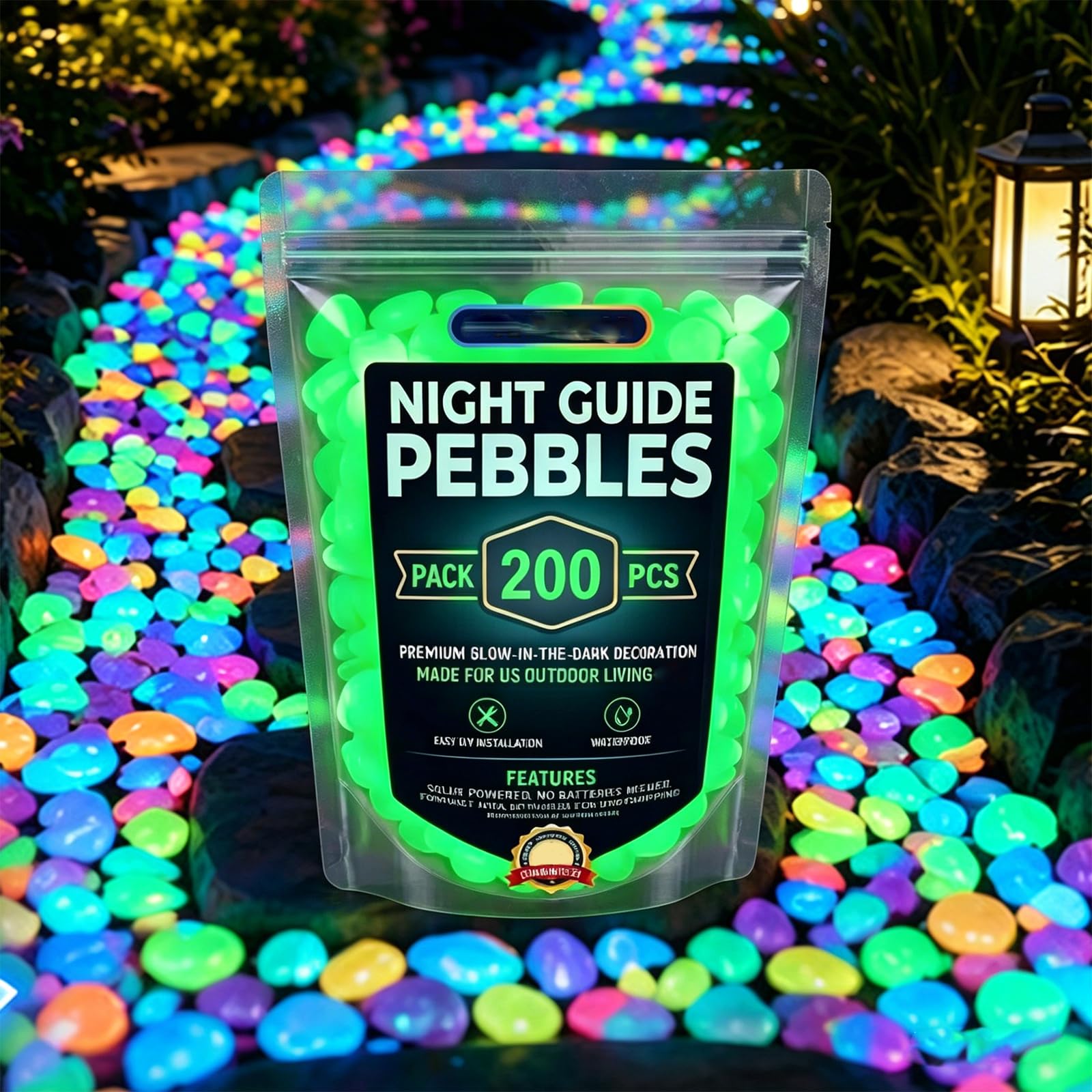 Colorful Glow-in-the-Dark Garden Stones, Night Guide Pebbles Glow, Rainbow Luminous Stepping Stones for Outdoor Walkway & Landscaping, Glowing Fish Tank Decorations, Vase Glow-Rocks (Green,200)