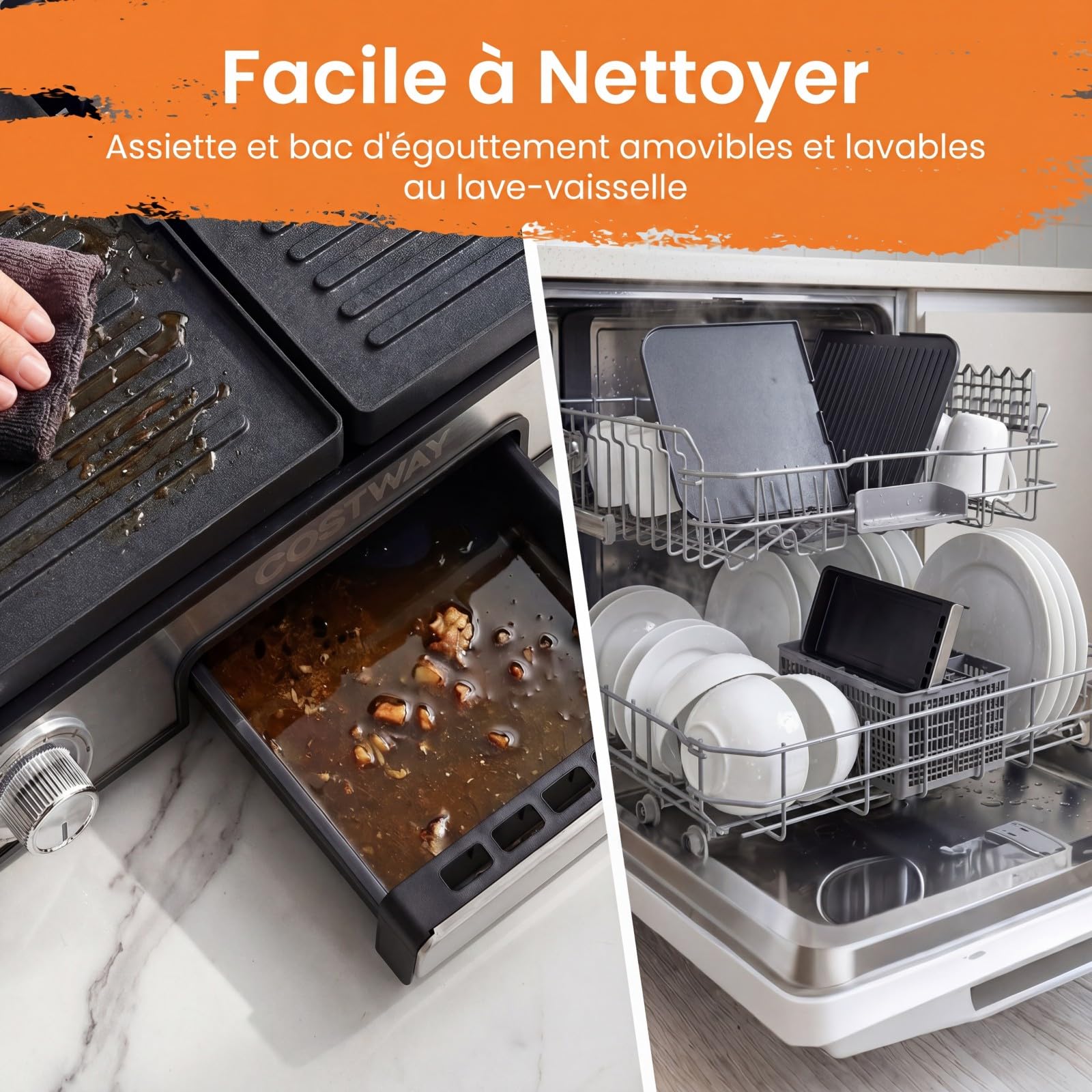 COSTWAY 3 en 1 Plancha Électrique 2000W, Double Zone, Plancha Grills avec 2 Plaques Réversibles, Protection Contre les Éclaboussures, Bac à Graisse Amovible, pour Intérieur et Extérieur