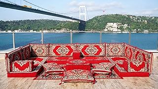 Red Color Floor Sofa, U Shaped Arabic Sofa Set, Sectional Pallet Sofa, Indoor Floor Cushion, Moroccan Livingroom Home Decor, Arabic Majlis, Sofa Covers (U Sofa + Rug + Ottoman)
