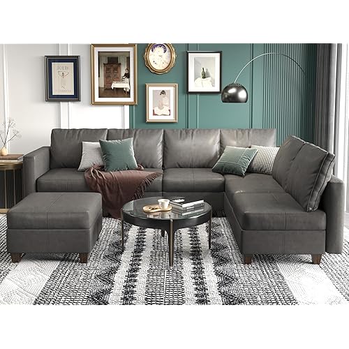 EASE MOOSE Faux Leather Sectional Sofa L Shaped Sofa Couch with Reversible Chaises, Modular Sectional Couch with Storage for Living Room,Grey