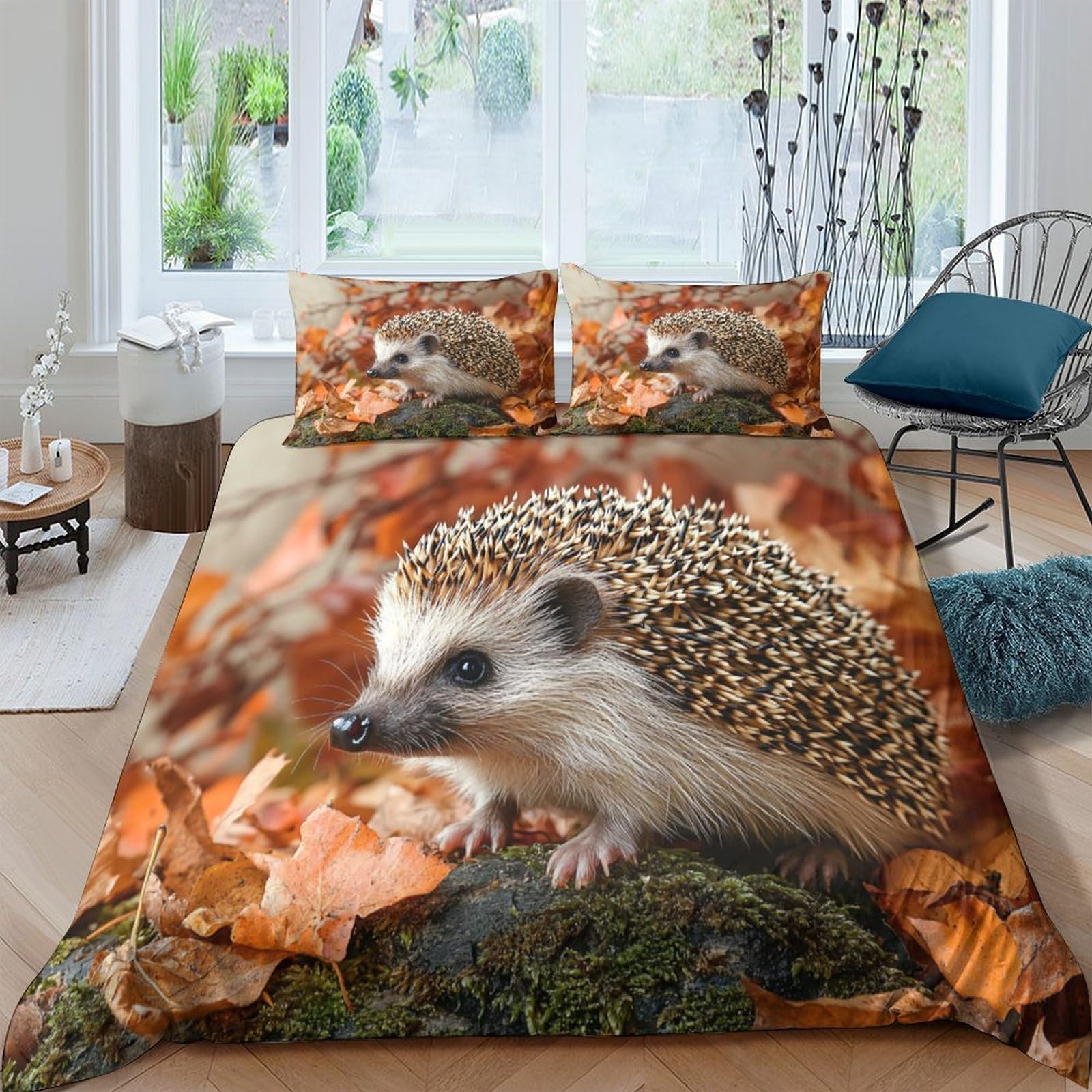 Ctjqhvkz Style-7 3D Printed Autumn Hedgehog Fitted Sheet Microfiber Soft Orange Forest Bed Cover For Bedroom Guest Room Dorm Decor Single（135X200cm）