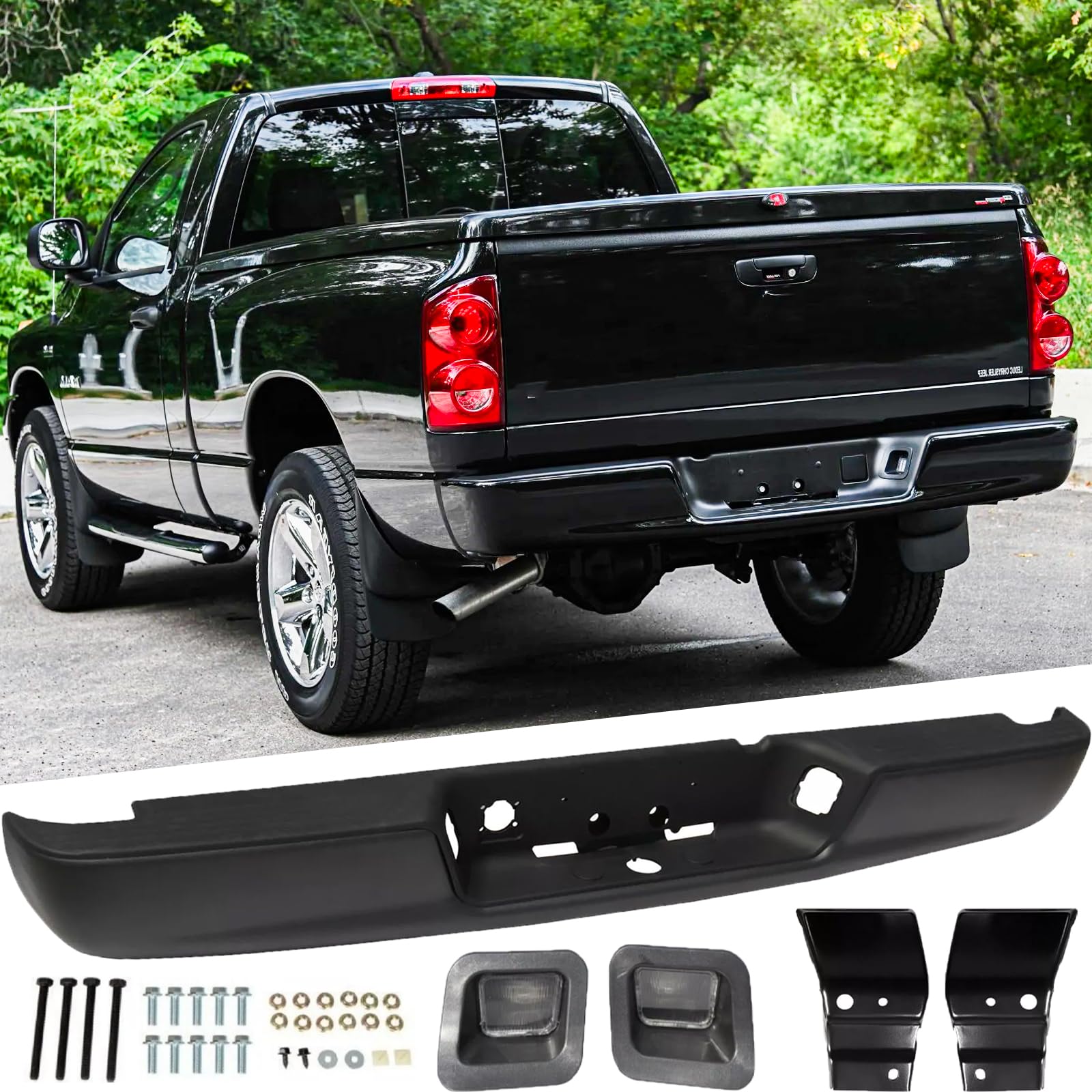 Rear Steel Step Bumper Assembly for 2002-2008 Doge Ram 1500 & 2003-2009 Dodge Ram 2500 3500 HD Black Back Bumper Replacement for CH1103109,with Pads Brackets and License Plate Lights