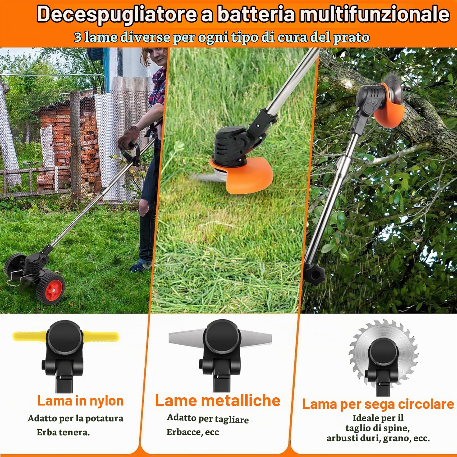 Decespugliatore elettrico con 2 batterie 21 V, 3 lame diverse, batteria con manicotto, ruote rimovibili regolabili, inclinazione regolabile di 90 gradi
