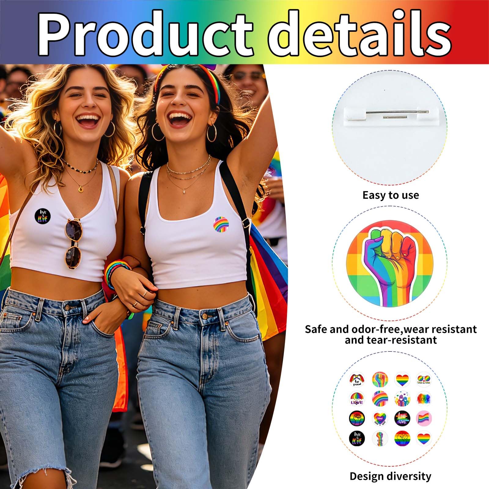 Insignias LGBTQ 16 Piezas 44MM, Pines Acero Inoxidable Puño Arcoíris, Set Broches Pride para Ropa