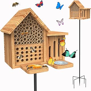 Mason Bee House Wooden Butterfly House with Feeders and Metal Stake, Insect Hotel for Garden Backyard, Natural Handmade Waterproof Bugs House, Attracts Bee, Butterfly, Ladybirds Pollinators