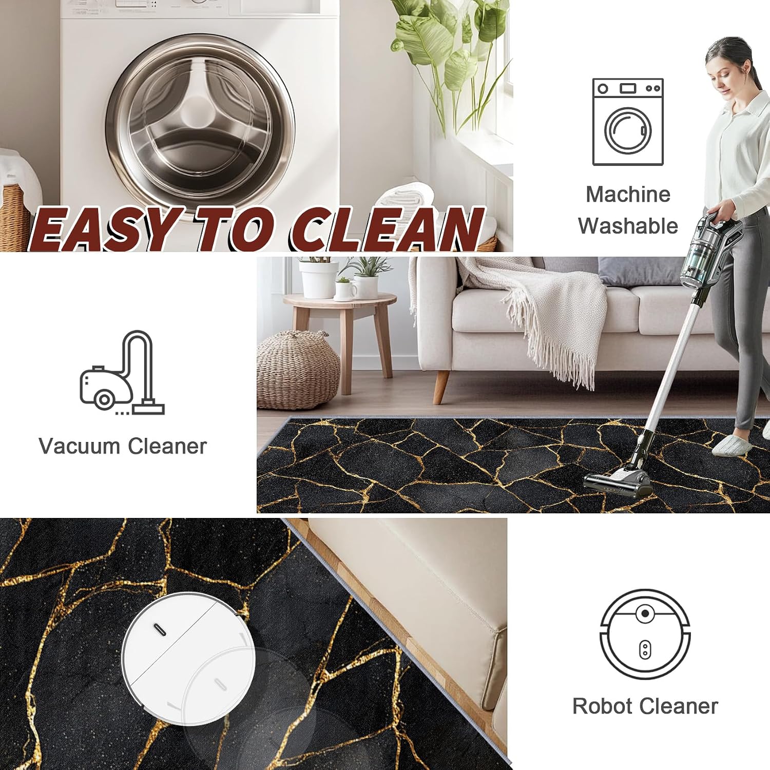 Marble Runner Rug, 2x6ft, Black and Gold Runners for Hallways, Abstract Modern Luxury Runner Rug Non Slip Soft Home Decor #M111