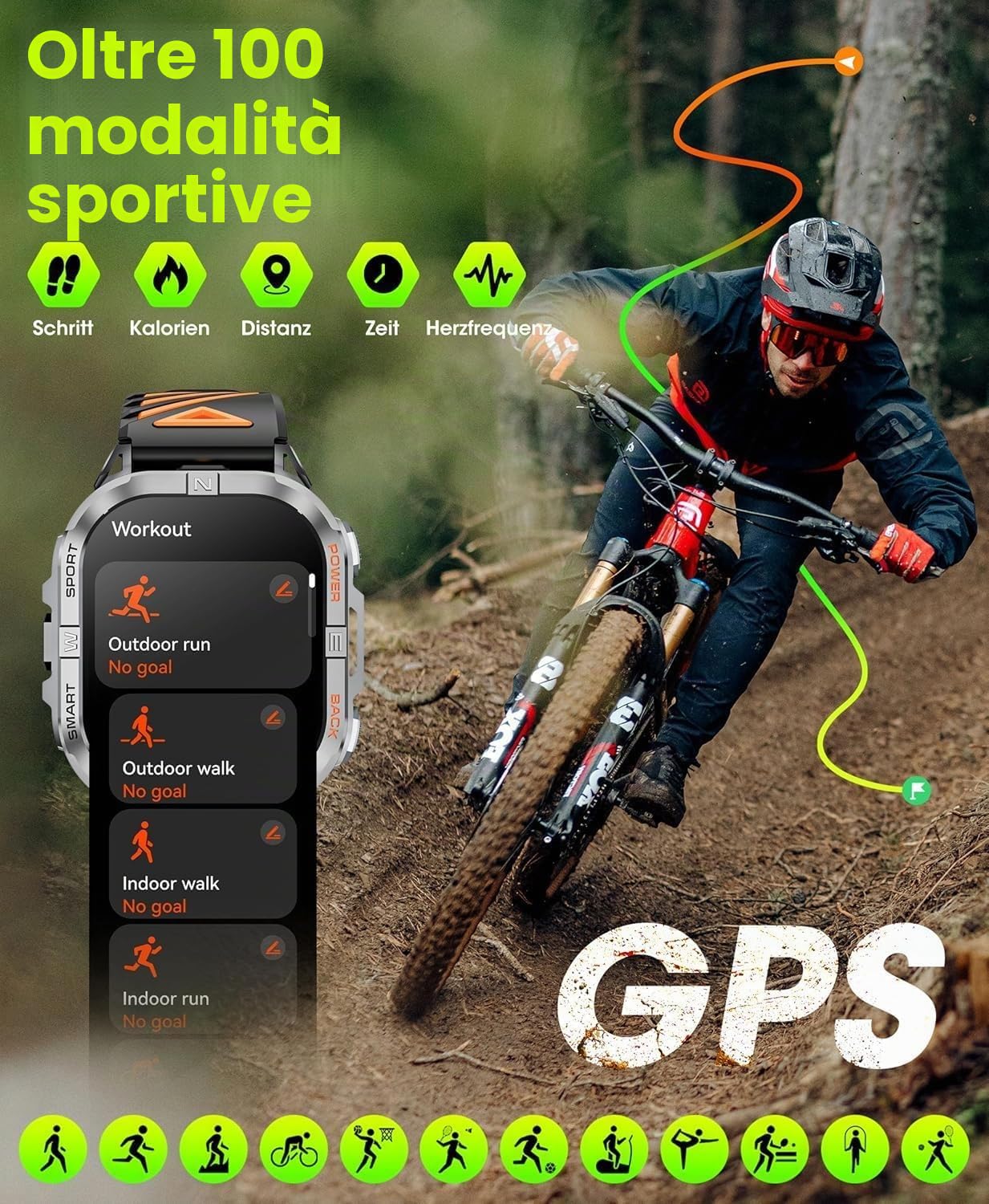 GPS Smartwatch Uomo, 2,13" AMOLED Militare Orologio con LED Torcia, Bussola,100+ Modalità Sportive, Monitoraggio della Salute, Chiamate Bluetooth per Android iOS