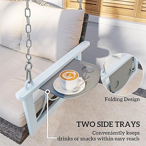 Miniatura 6 de Outsunny Silla columpio de mimbre para 3 personas, resistente, 800 libras con soporte para tazas, 57 pulgadas, ratán al aire libre, banco colgante