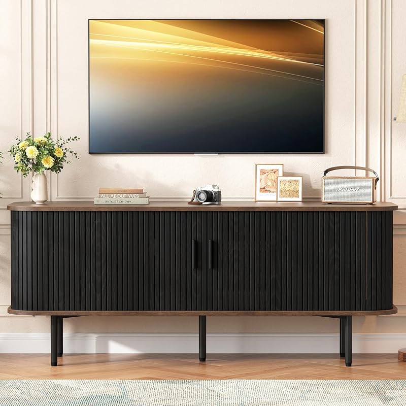 Vabches 55" TV Stand for TVs up to 65",Mid Century Entertainment Center with Storage and Adjustable Shelves,Fluted Sliding Doors Media TV Console for Living Room,Black