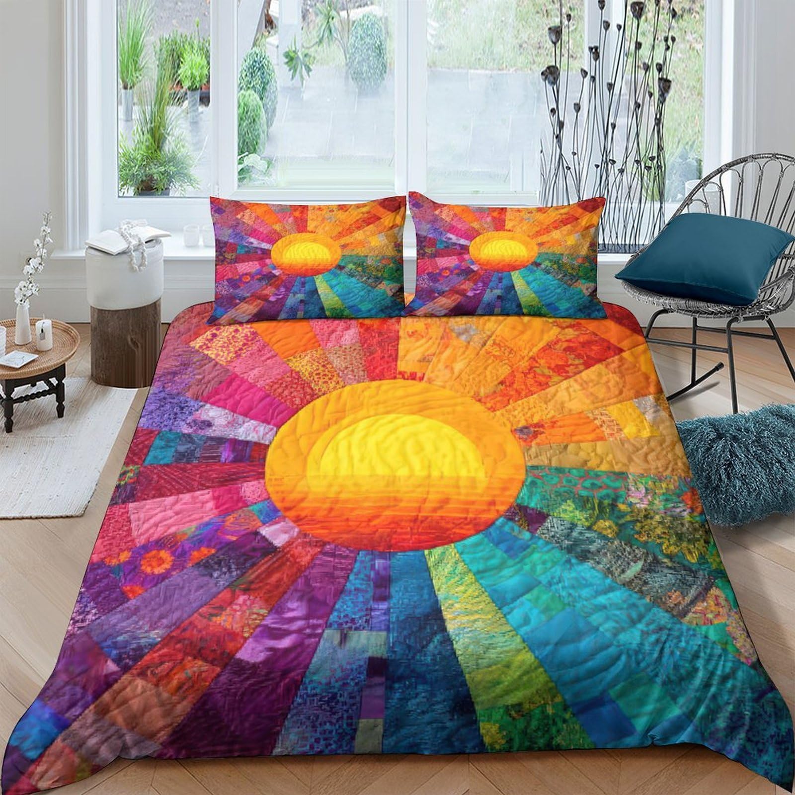 Ctjqhvkz Style-8 3D Printed Radiant Sunburst Fitted Sheet Microfiber Vibrant Rainbow Mattress Cover For Bedroom Home Decor Single（135X200cm）