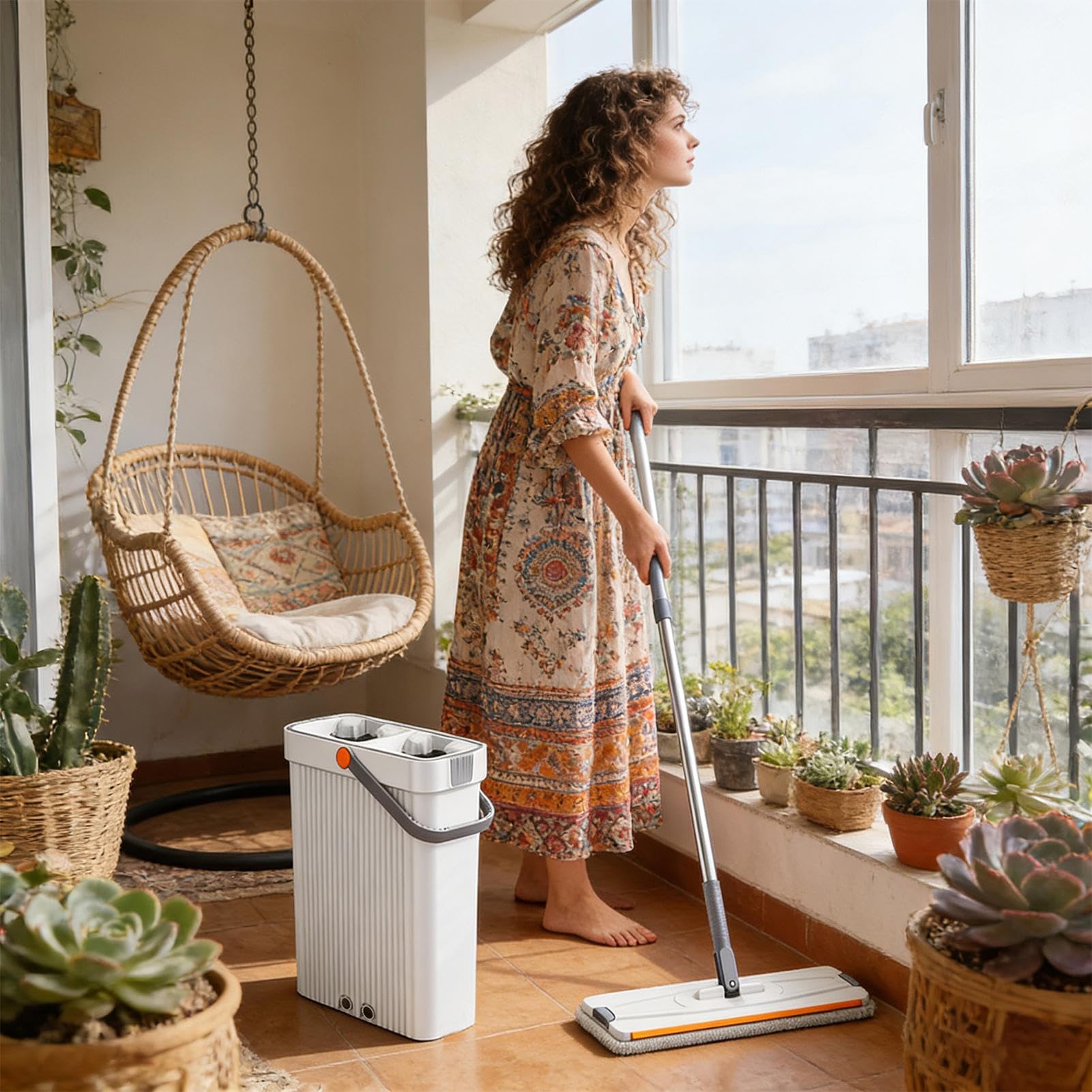Fregona Y Cubo Utensilio De Limpieza Doméstico Húmedo Y Seco Con 4 Paños De | Fregona Plana Para Suelos Manos Libres Y Cubo Para la Limpieza de Mármol Baño Sala de Estar Ventana y Dormi