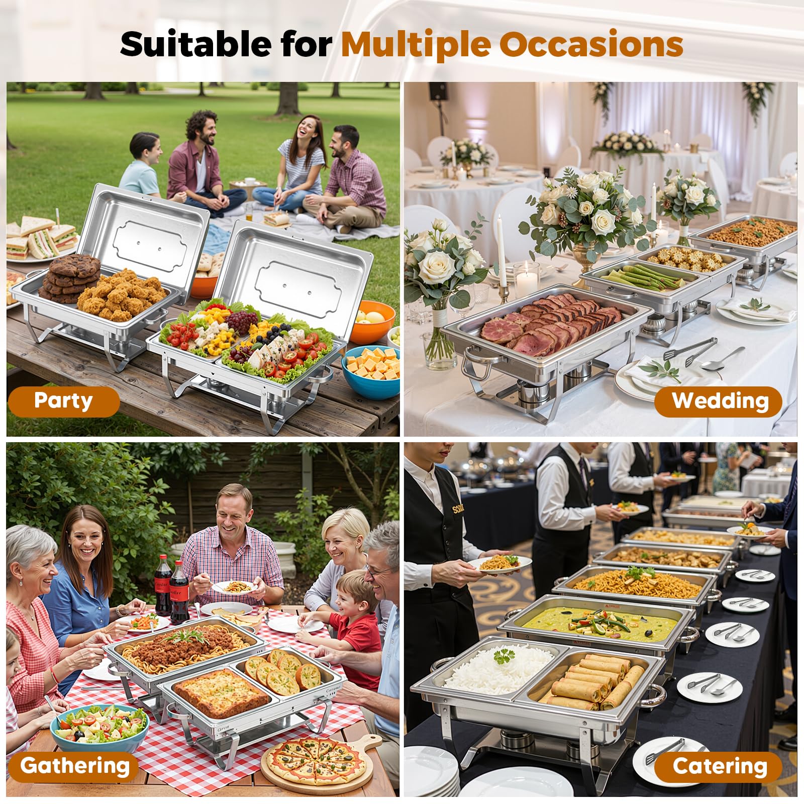 Chafing Dish Buffet Set 9L, 4pcs Edelstahl Warmhaltebehälter mit Deckel Lebensmittelpfannen und Brennstoffhaltern, Speisenwärmer für Catering, Buffet und Party Speisenwärmer