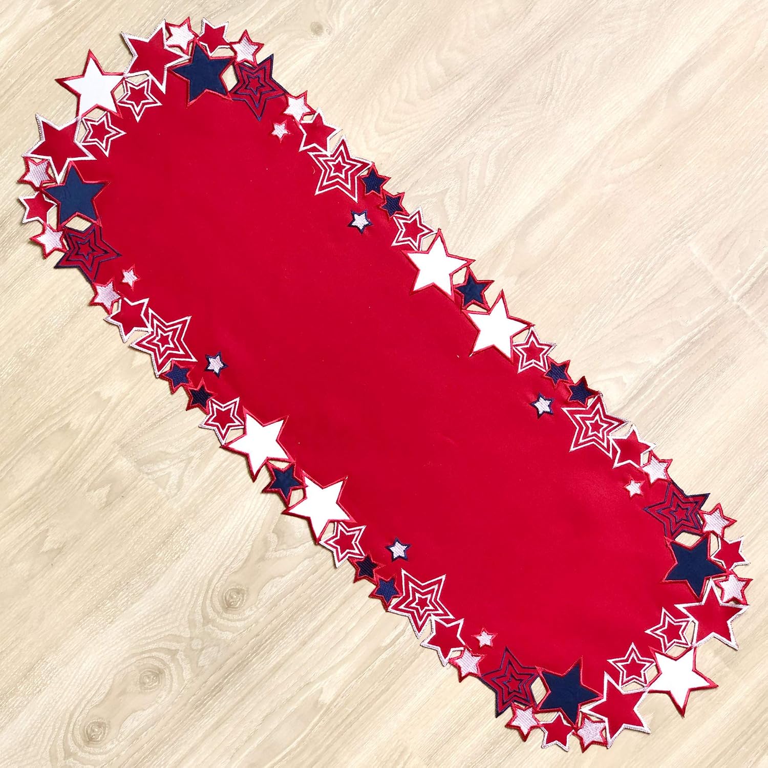 Americana July 4th Celebration Fabric Cutwork Table Runner 14"x40" (Border Cutwork Runner)