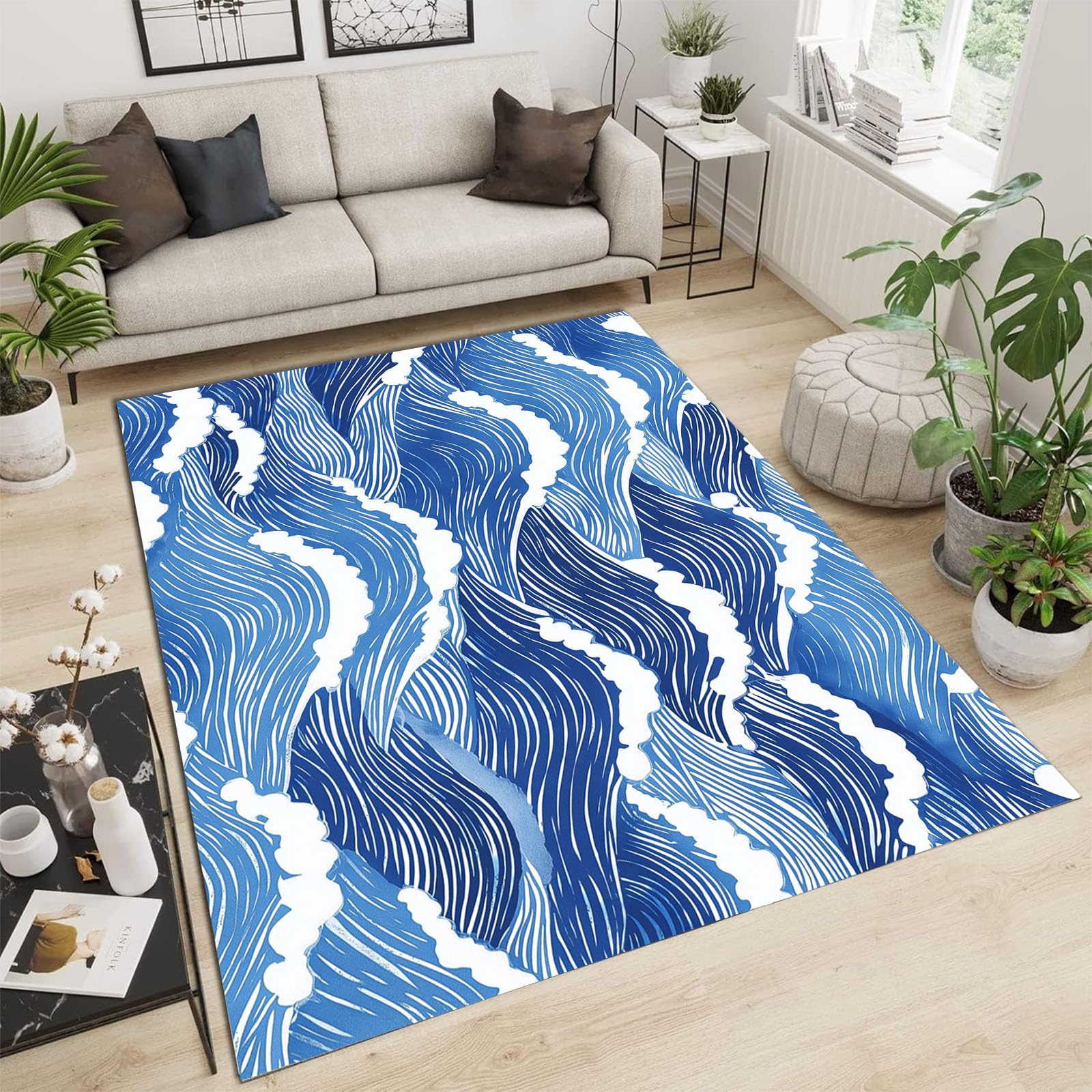 Moquette douce bleu indigo style ukiyo-e grand tapis traditionnel 180x270